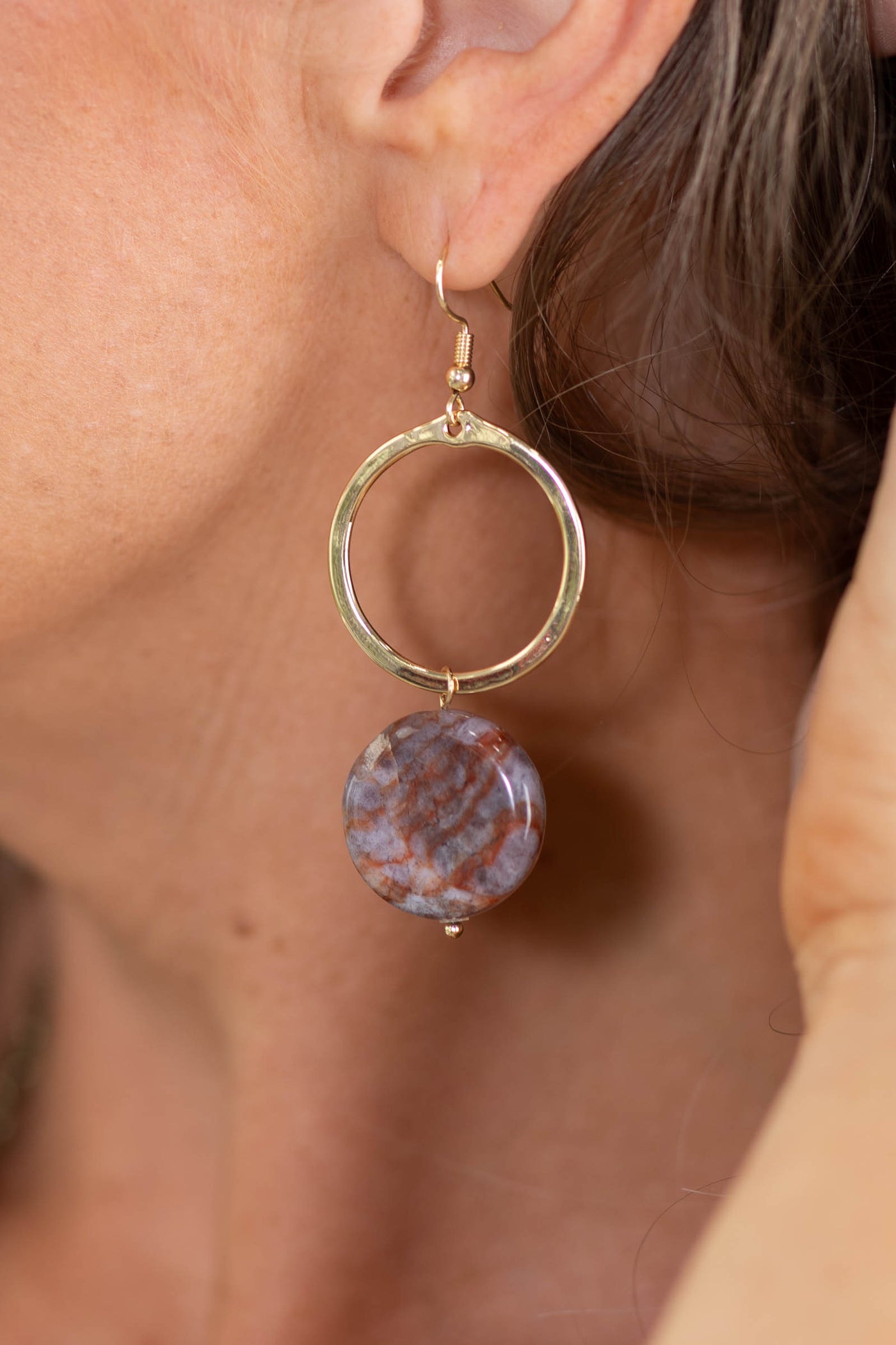 Wine And White Bead With Gold Hoop Earrings