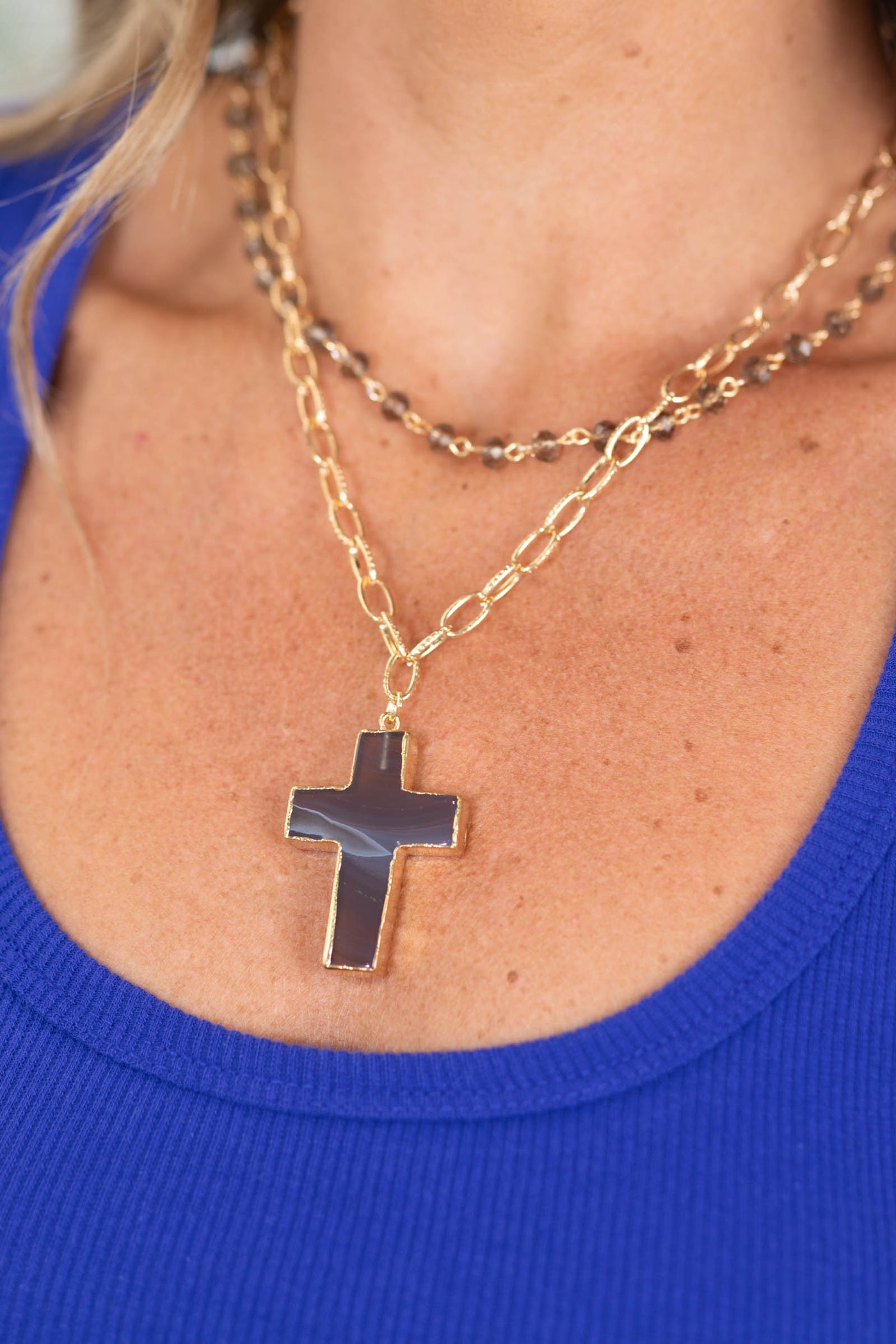 Grey And Gold Short Necklace With Cross
