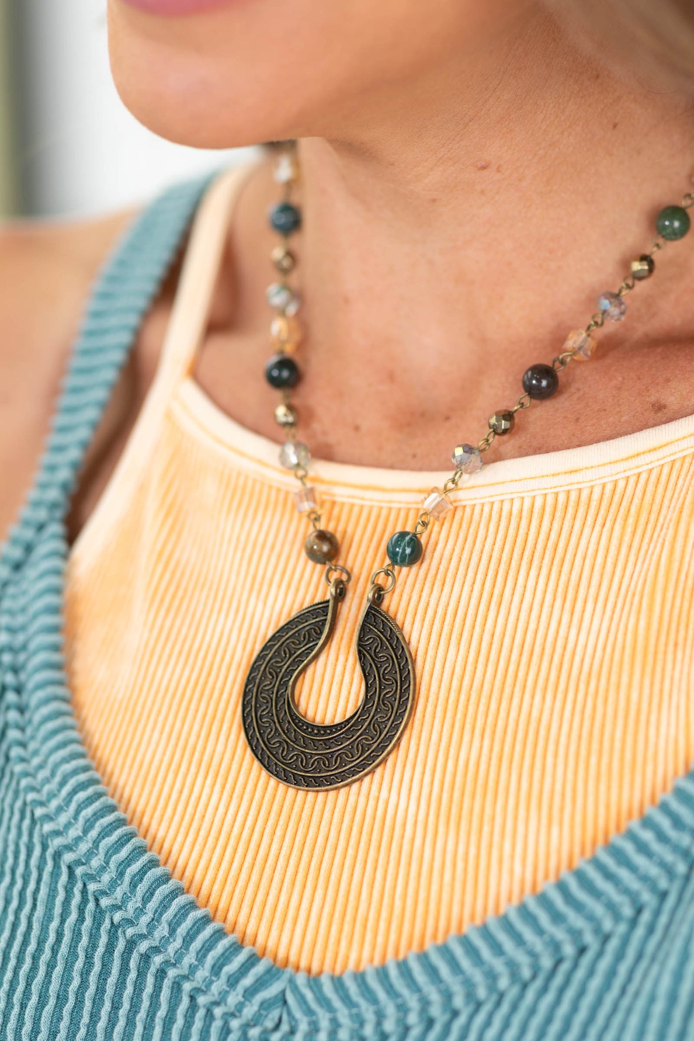 Teal Mixed Beads With Bronze Pendant Necklace
