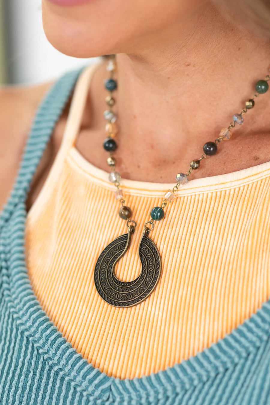 Teal Mixed Beads With Bronze Pendant Necklace