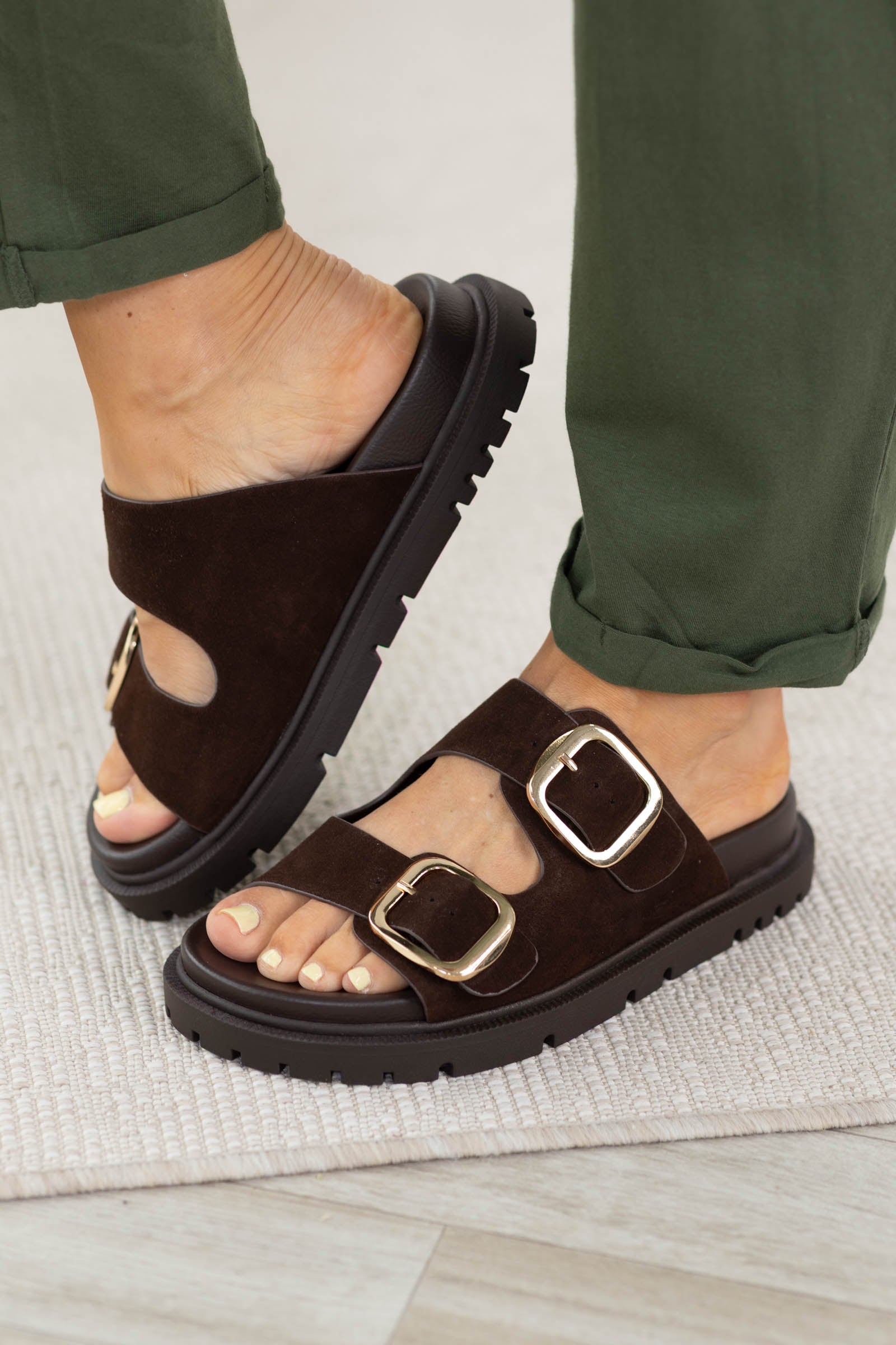 MIA Chocolate Double Buckle Footbed Sandals · Filly Flair