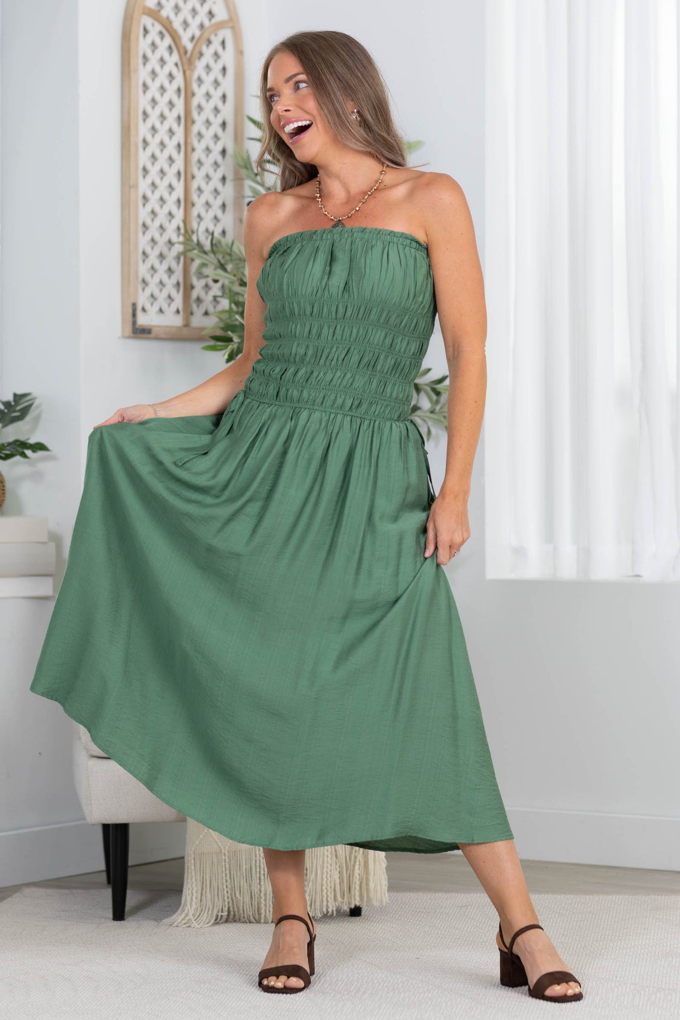 Olive Strapless Shirred Side Tie Detail Midi Dress