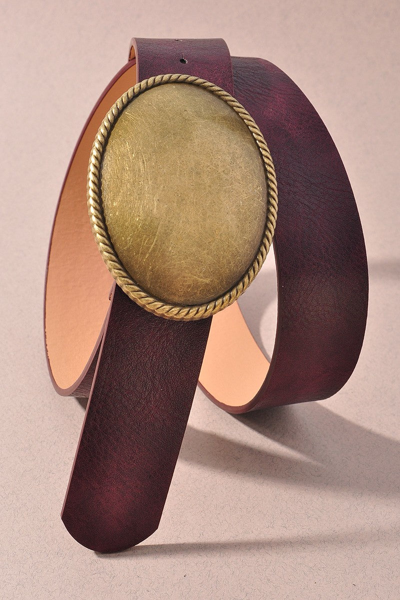 Wine Leather Belt With Gold Oval Buckle