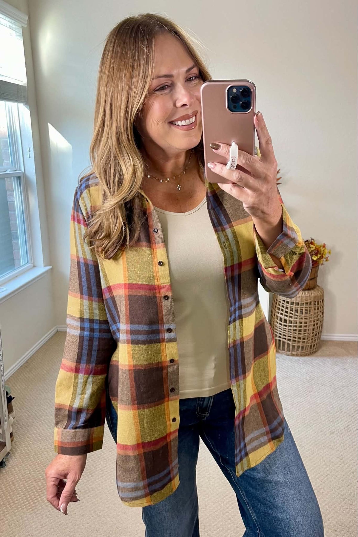 Brown Plaid Knit Button Up Top