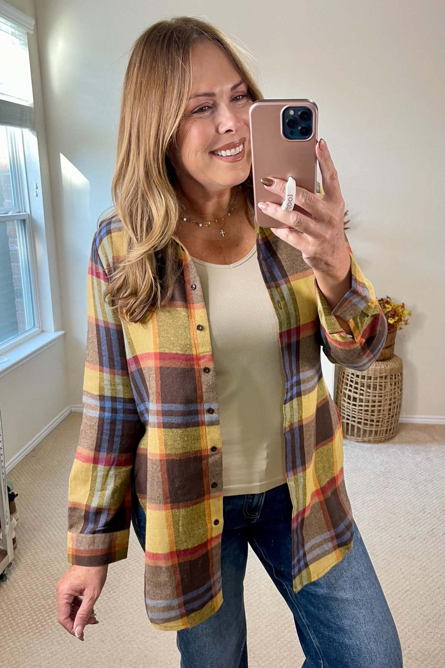 Brown Plaid Knit Button Up Top