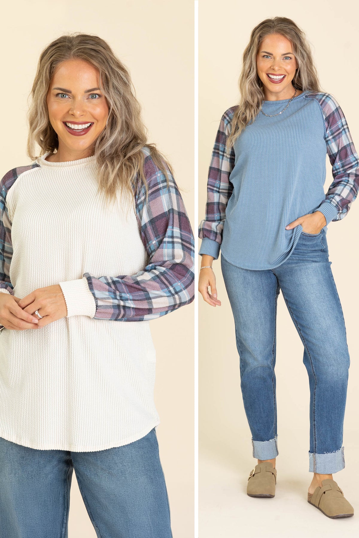 Solid Ribbed Knit Top With Plaid Long Sleeves