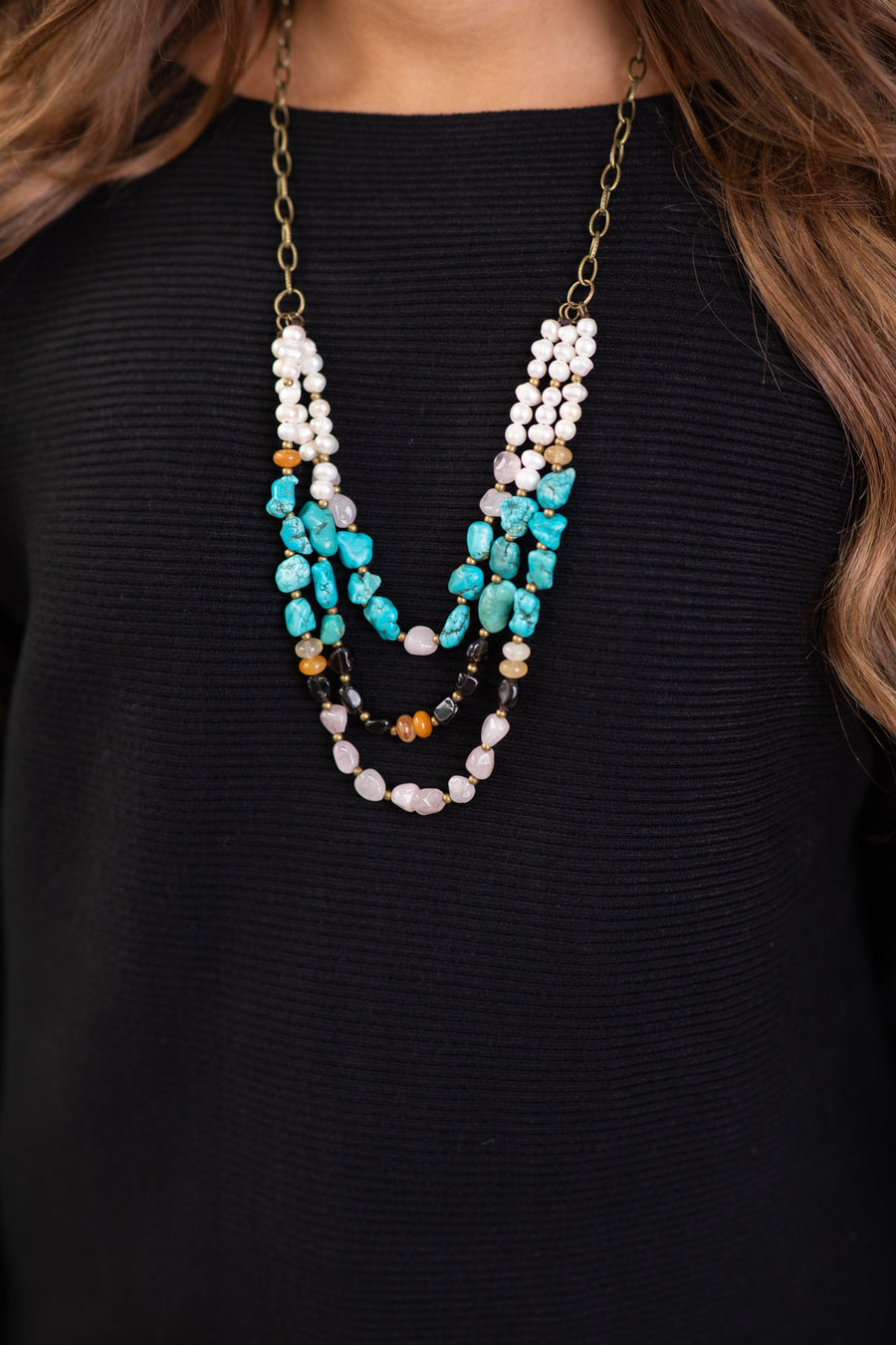 Bronze Chain Link Necklace With Beaded Stones - Filly Flair