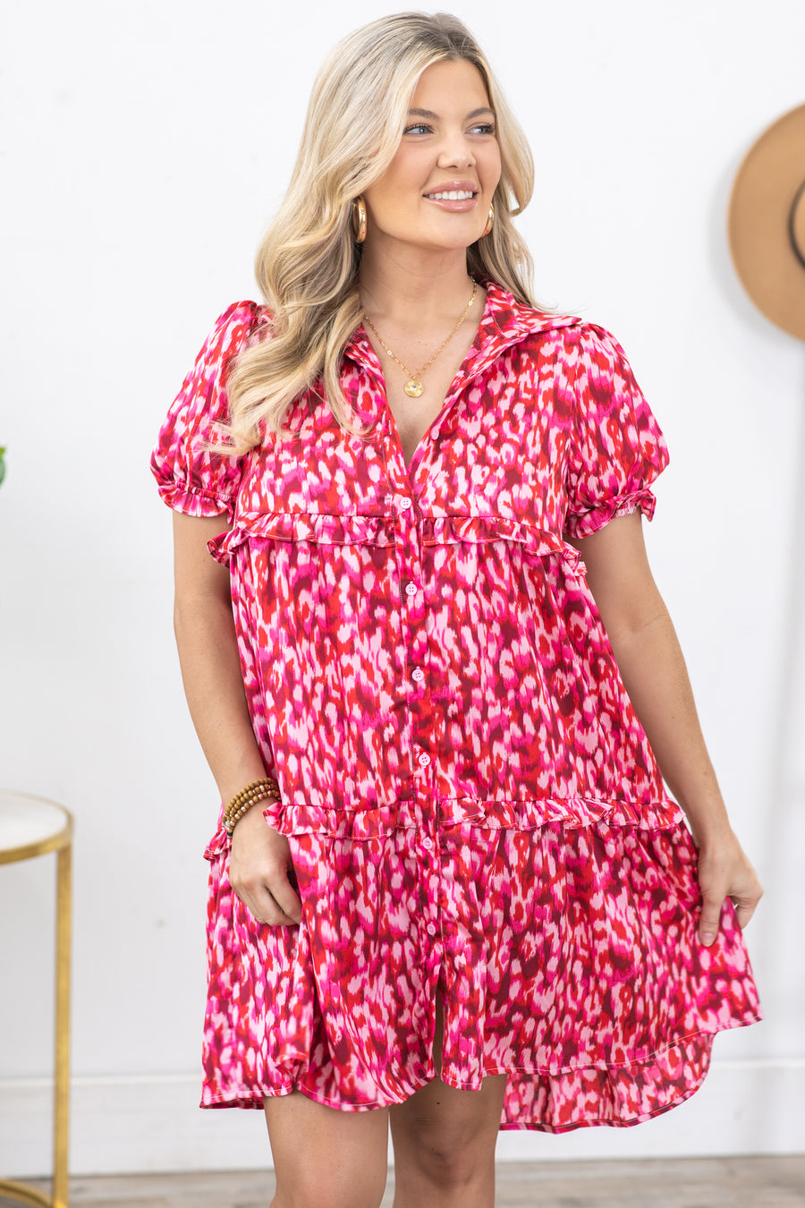 Hot Pink Animal Print Short Sleeve Dress