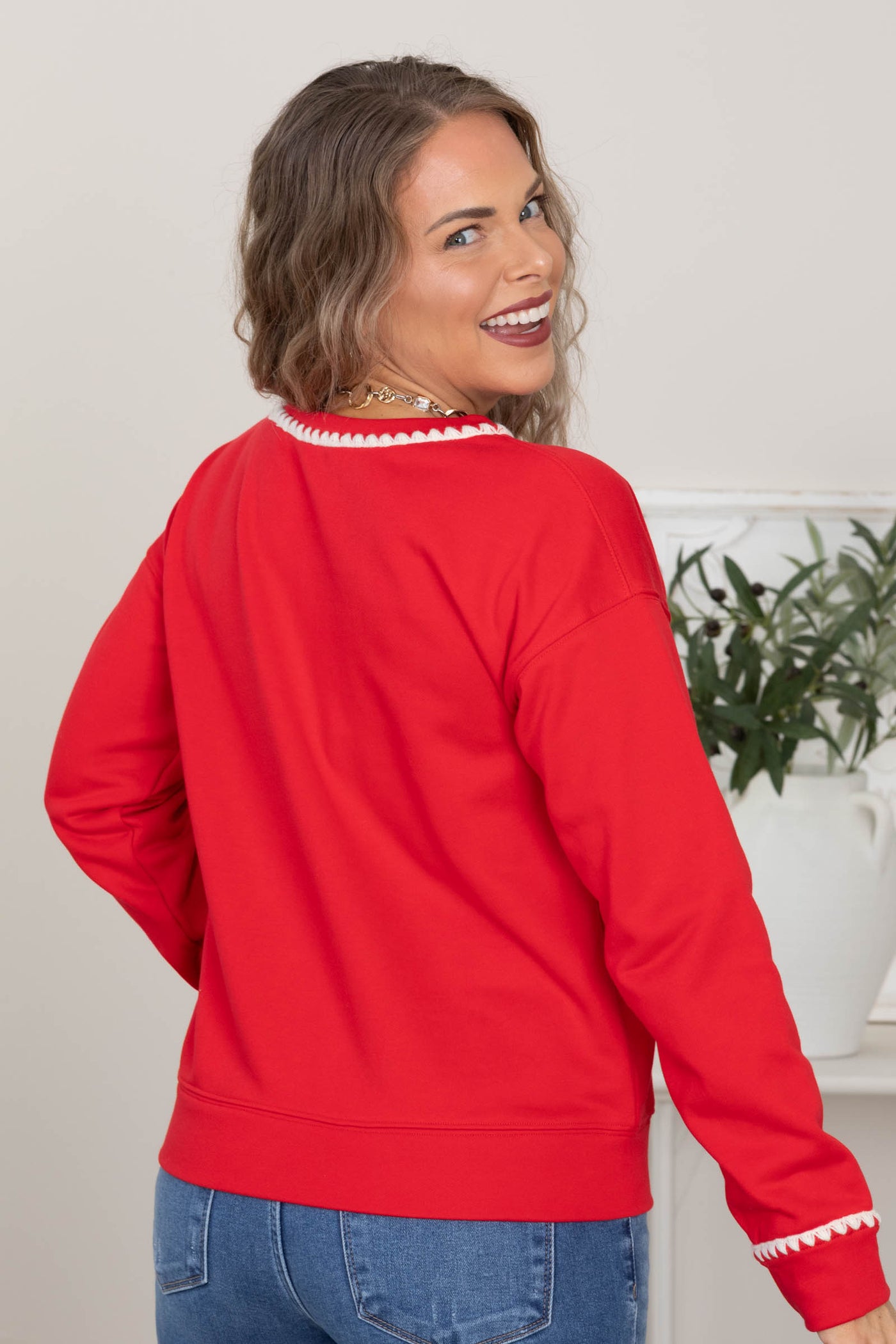 Red Contrast Stitch Knit Sweater