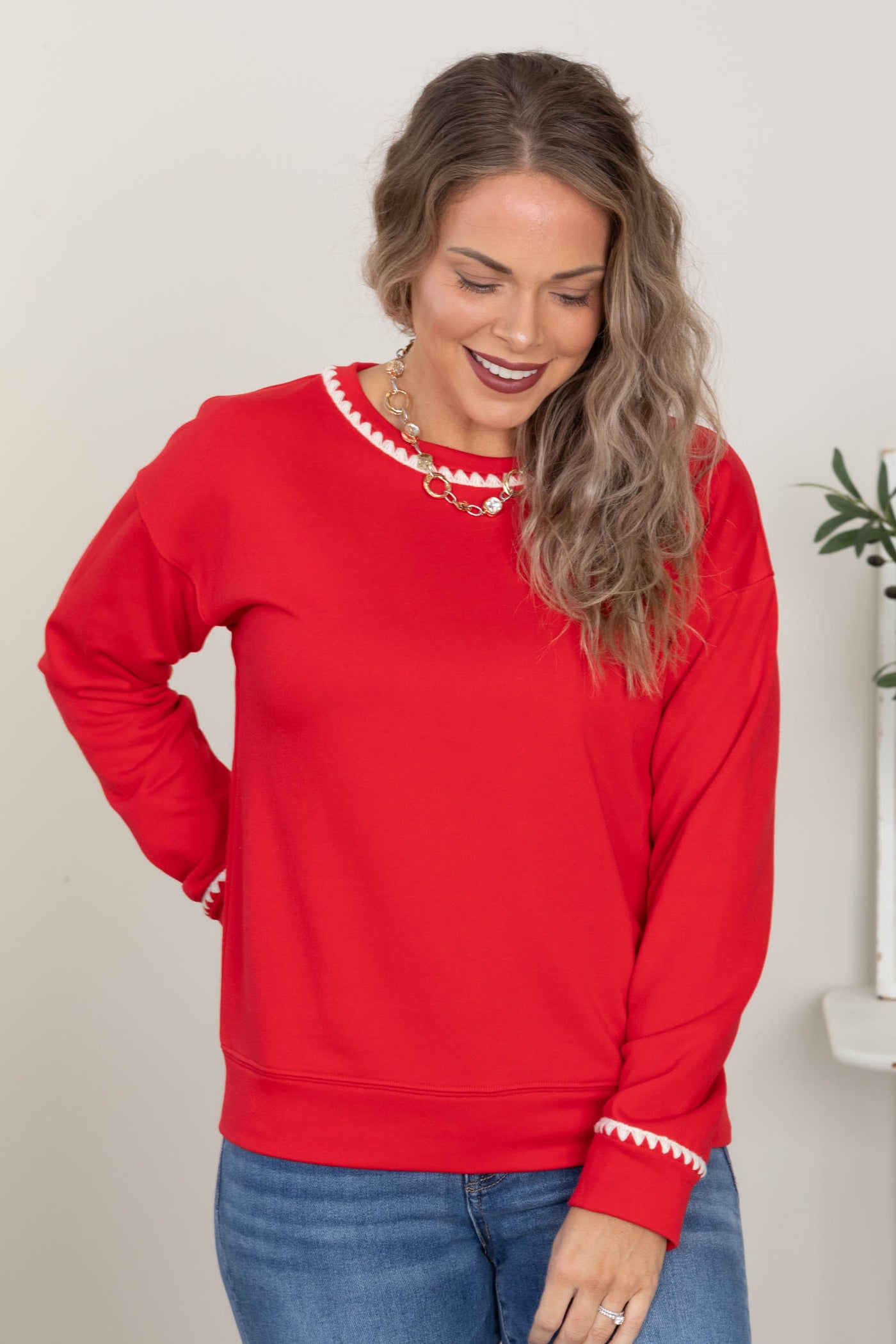 Red Contrast Stitch Knit Sweater