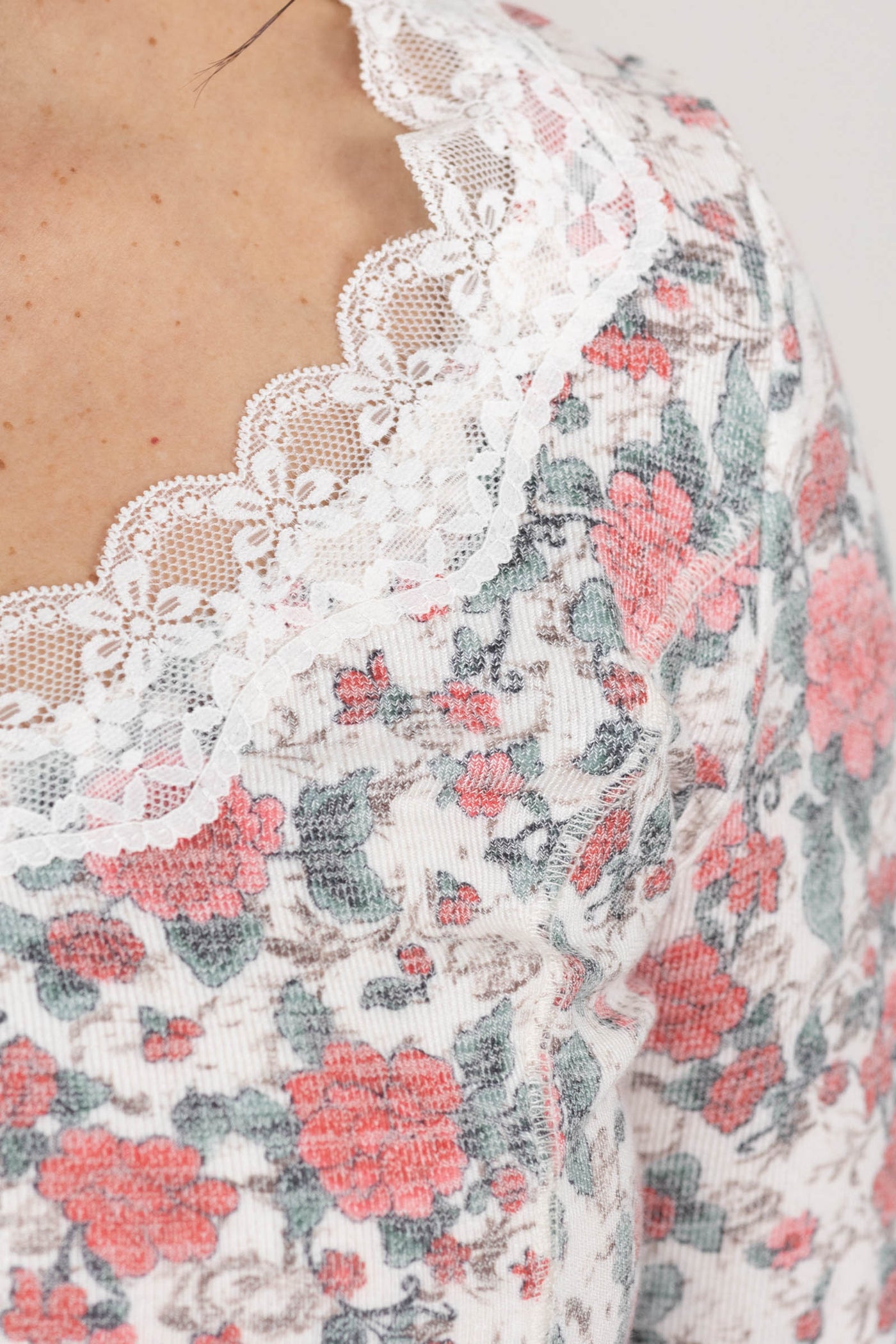 Beige Rose Printed Knit Lace Trim V-Neck Top