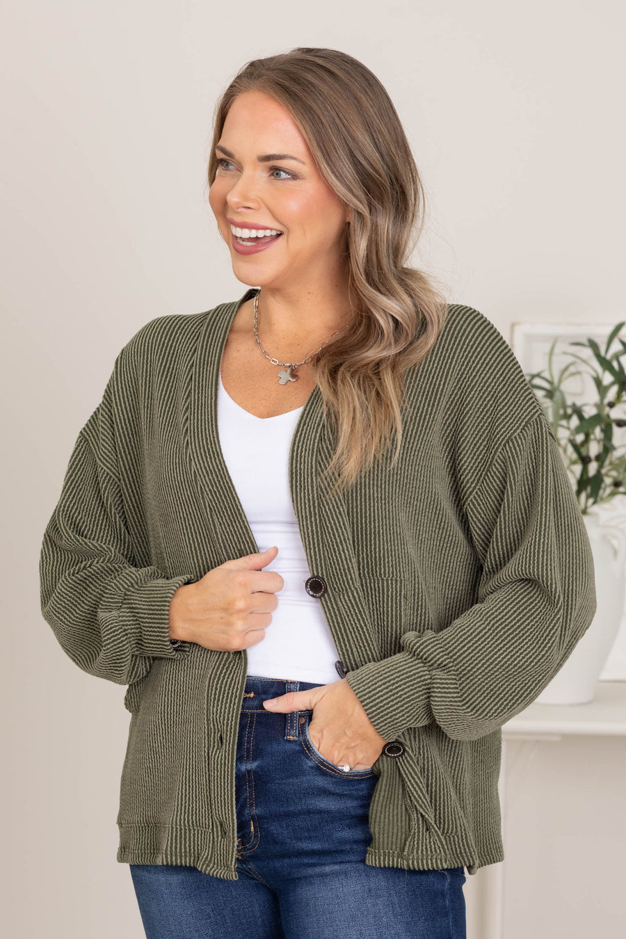 Solid Ribbed Button Front Knit Cardigans
