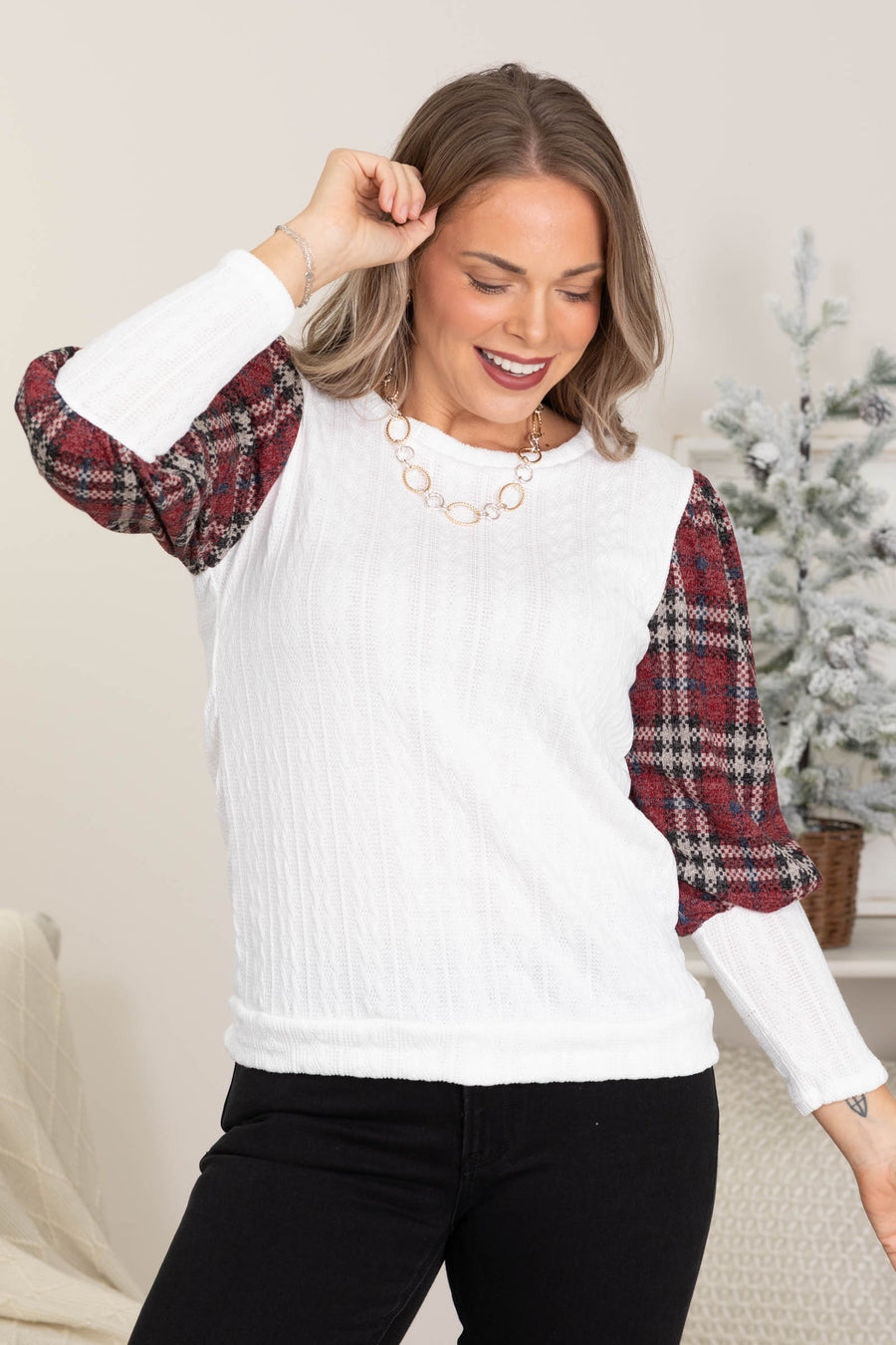 Textured Knit Tops With Plaid Long Sleeves