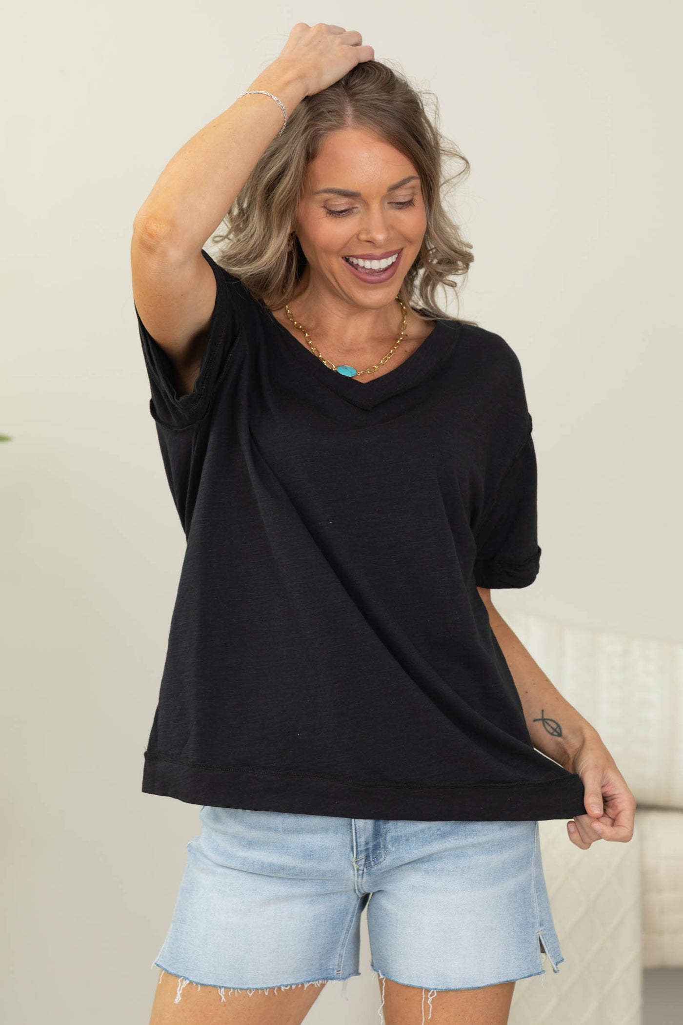 Solid V-Neck Exposed Seam Knit Top- 100% Cotton