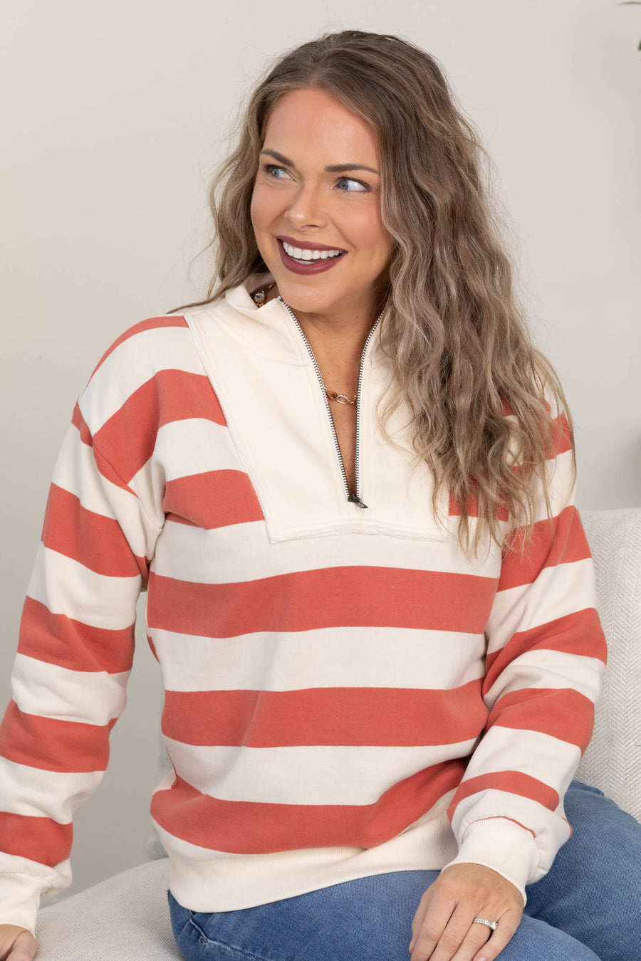 Half Zip Bold Striped Knit Sweatshirts