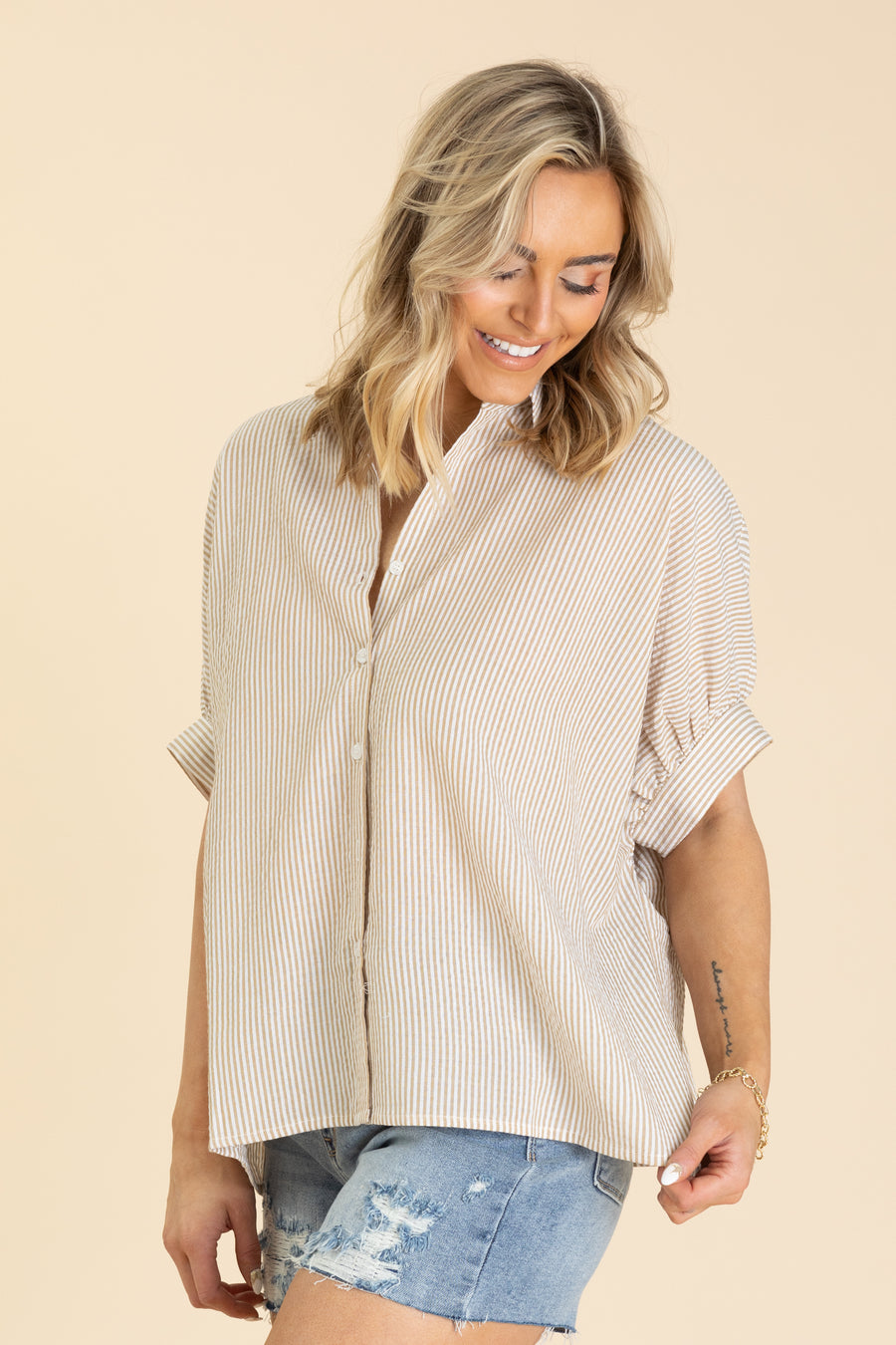 Taupe Drop Shoulder Striped Button Down