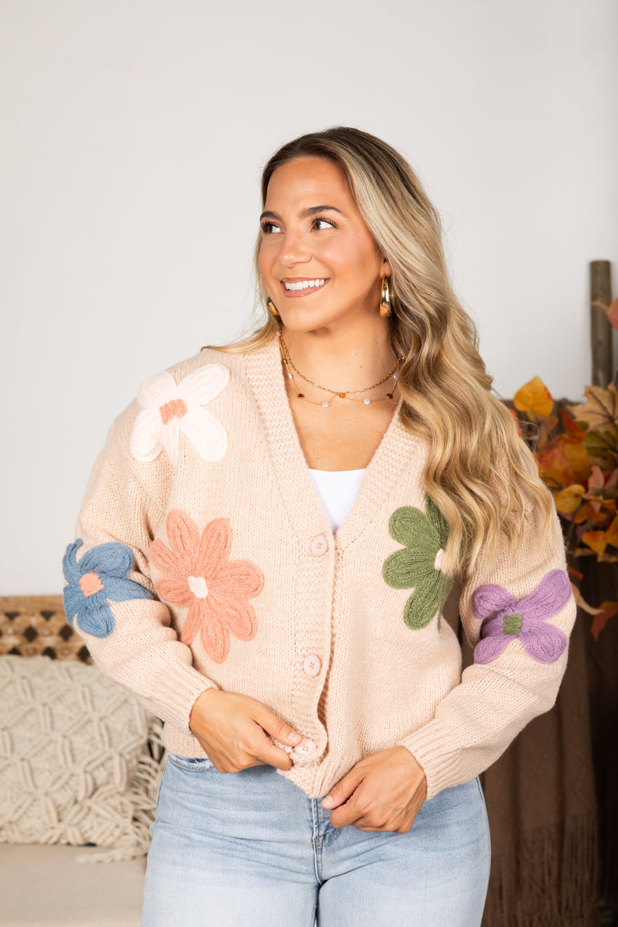 Dusty Peach Flower Applique Sweater Cardigan