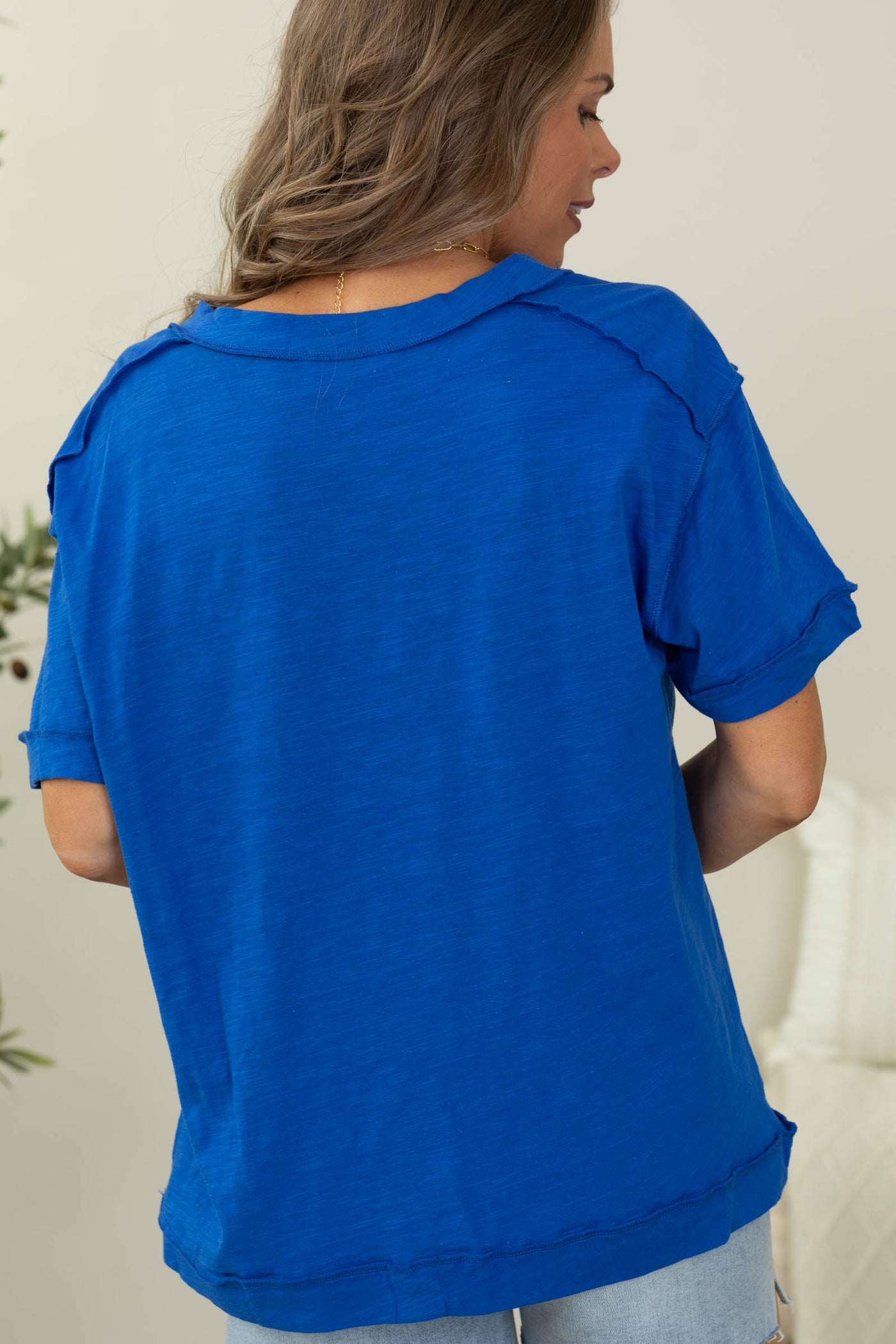 Solid V-Neck Exposed Seam Knit Top- 100% Cotton