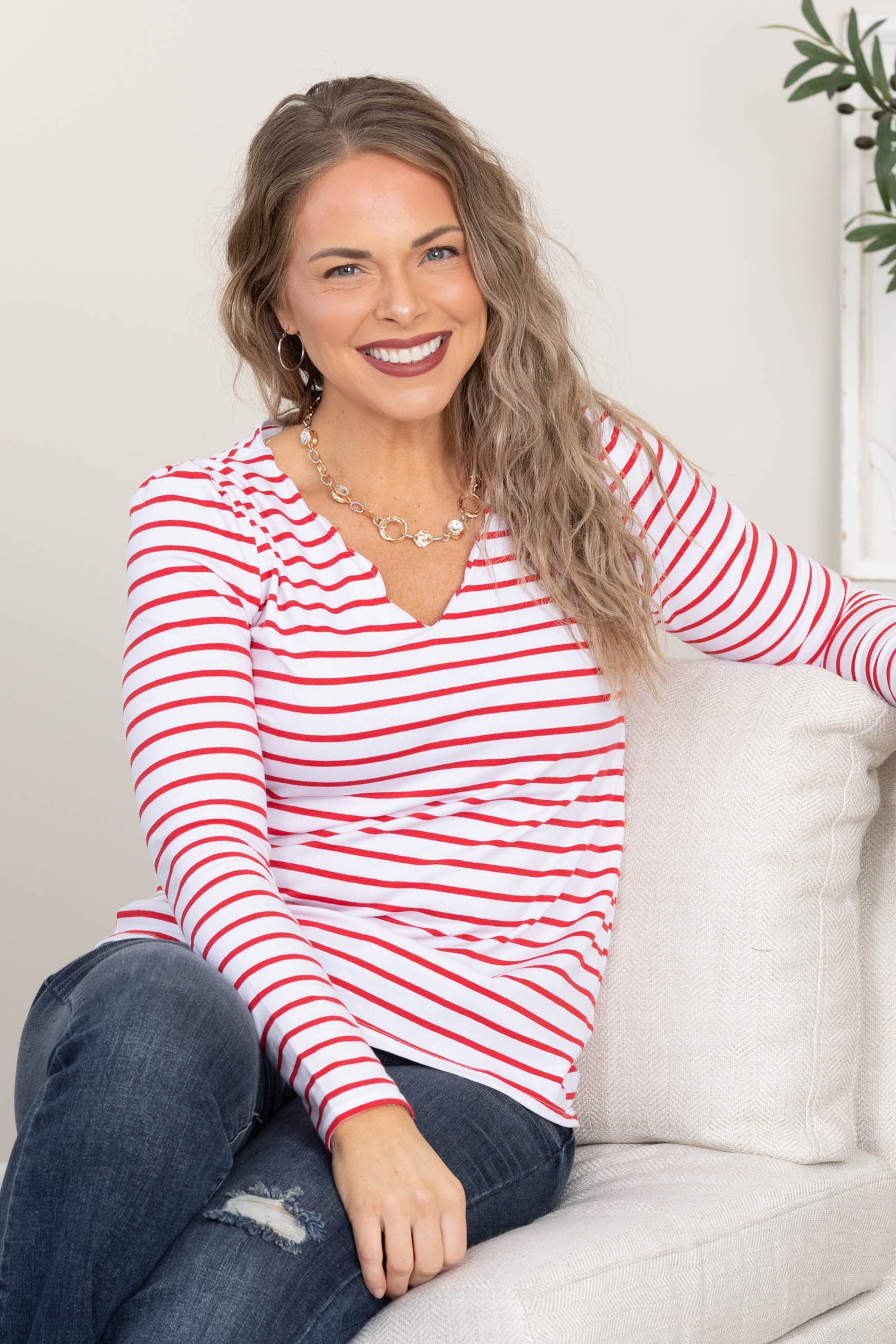 Red Scalloped V-Neck Cotton Striped Knit Top