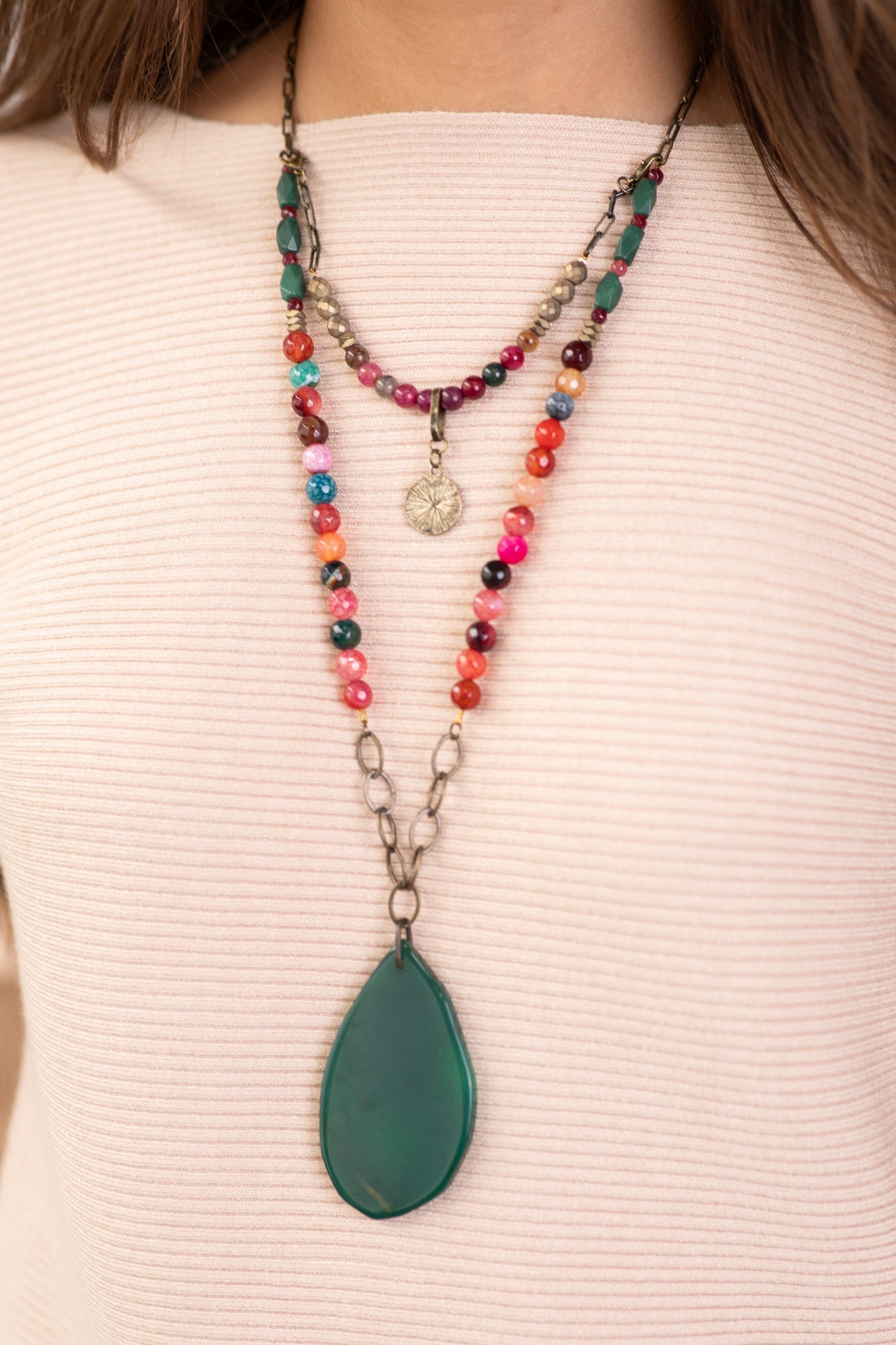 Teal and Berry Beaded Necklace With Charm - Filly Flair