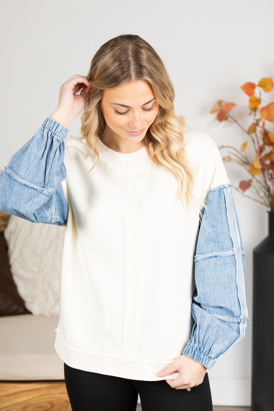 Cream With Denim Sleeve Knit Top