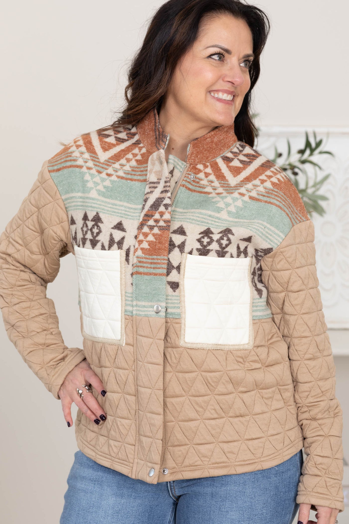Taupe Geometric Quilted Patchwork Jacket