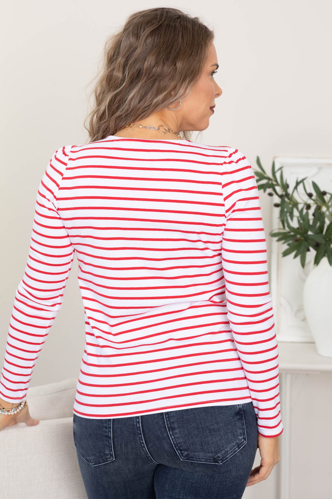Red Scalloped V-Neck Cotton Striped Knit Top