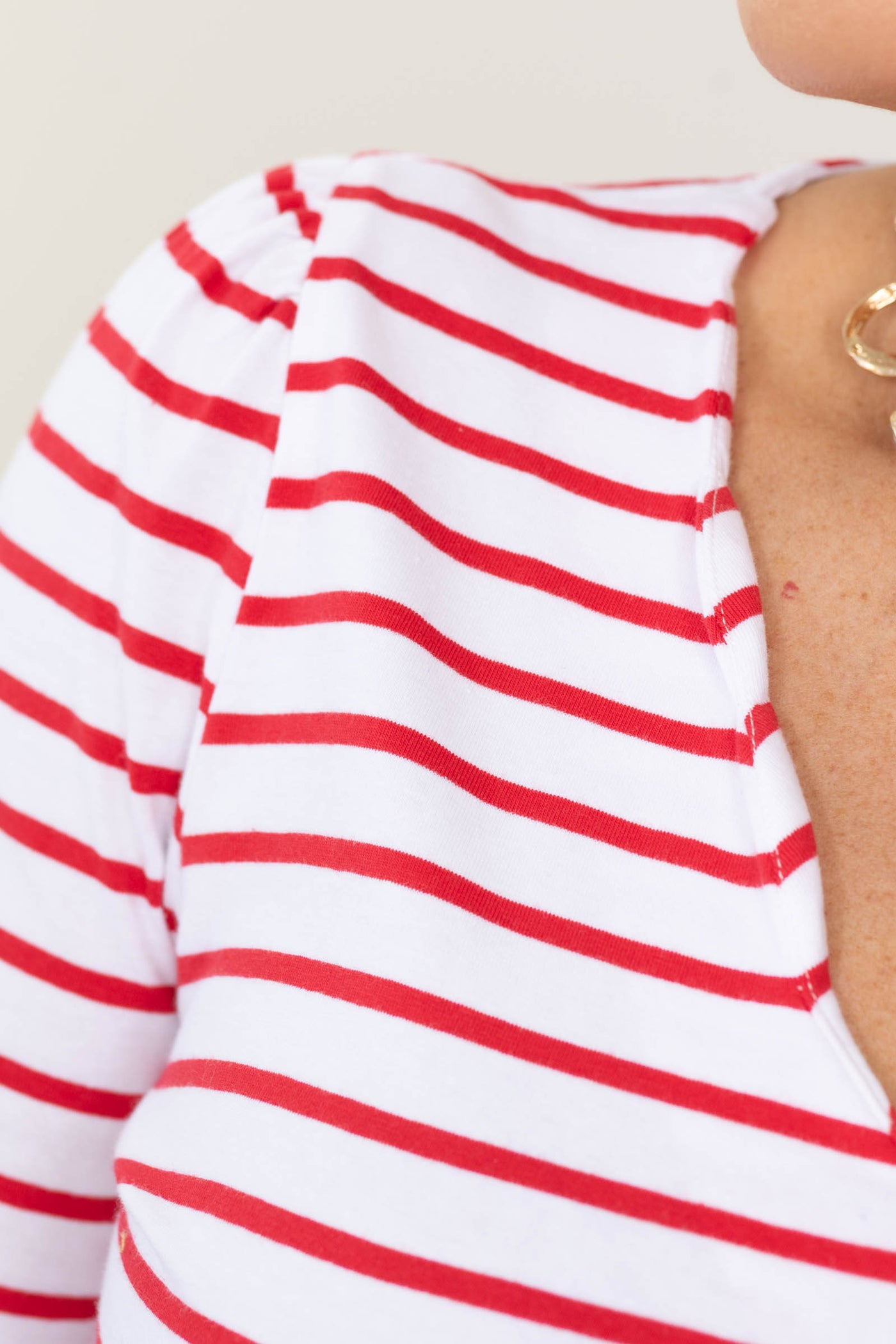 Red Scalloped V-Neck Cotton Striped Knit Top