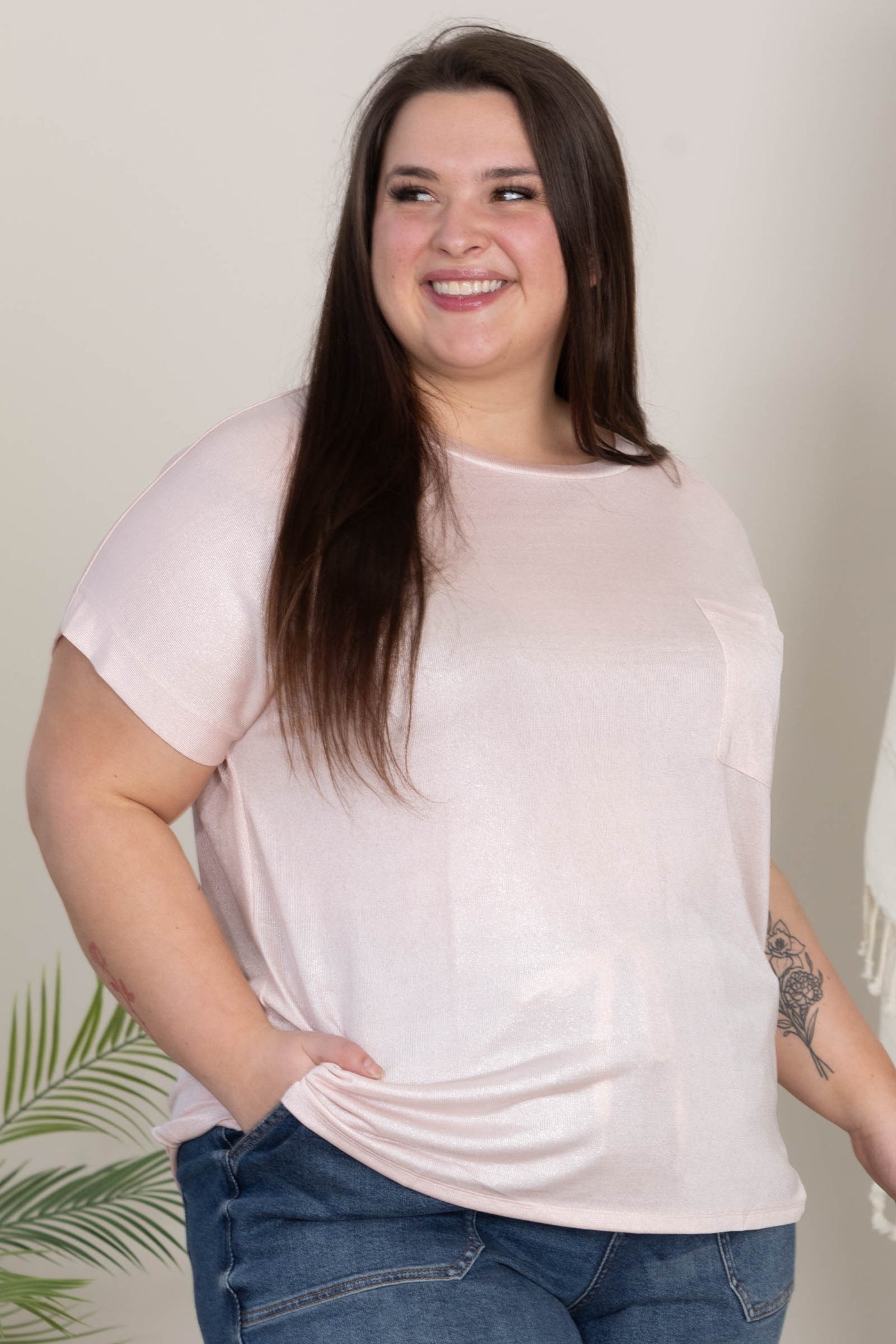 Peach Relaxed Fit Shimmering Short Sleeve Knit Top