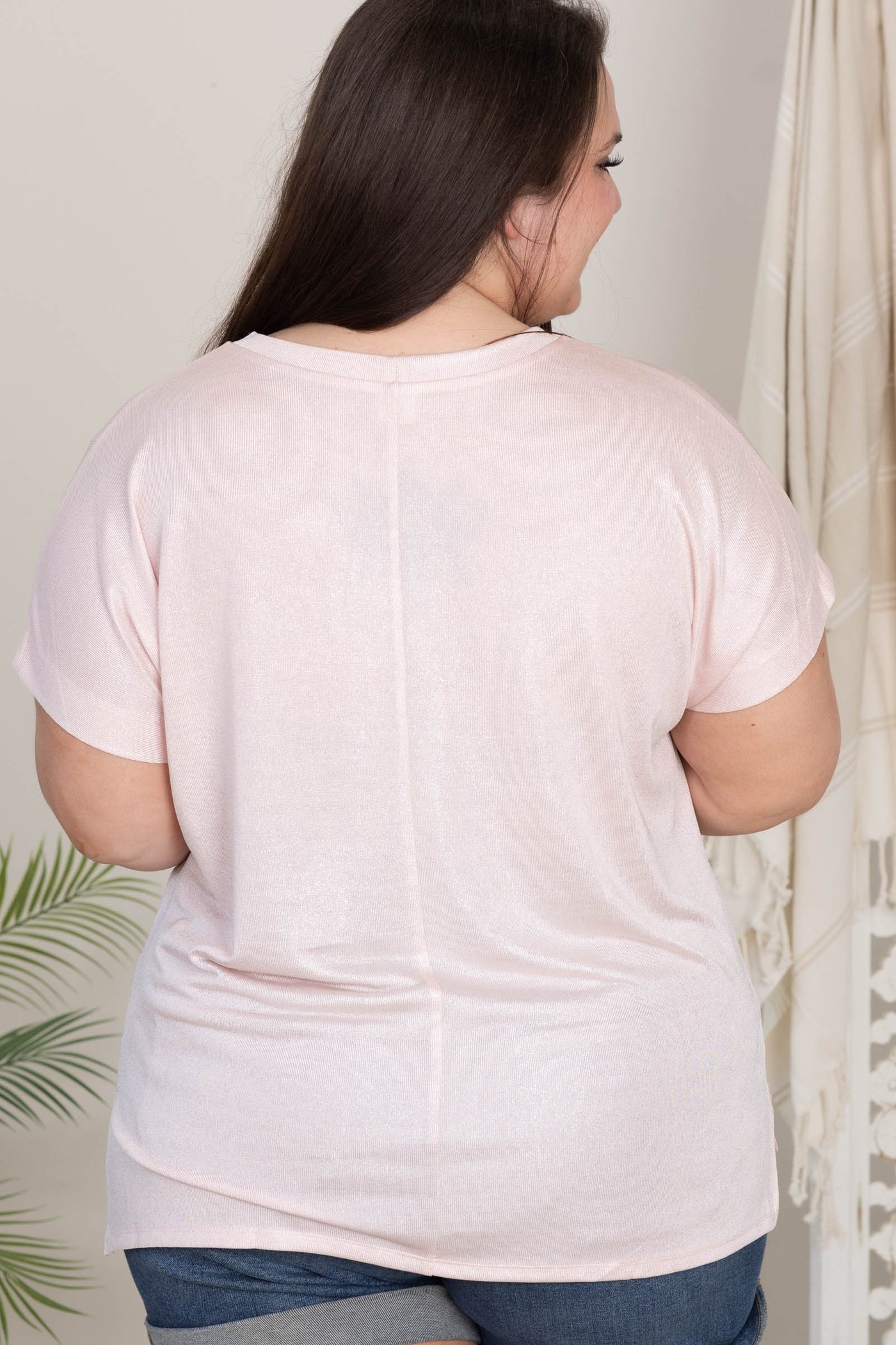 Peach Relaxed Fit Shimmering Short Sleeve Knit Top