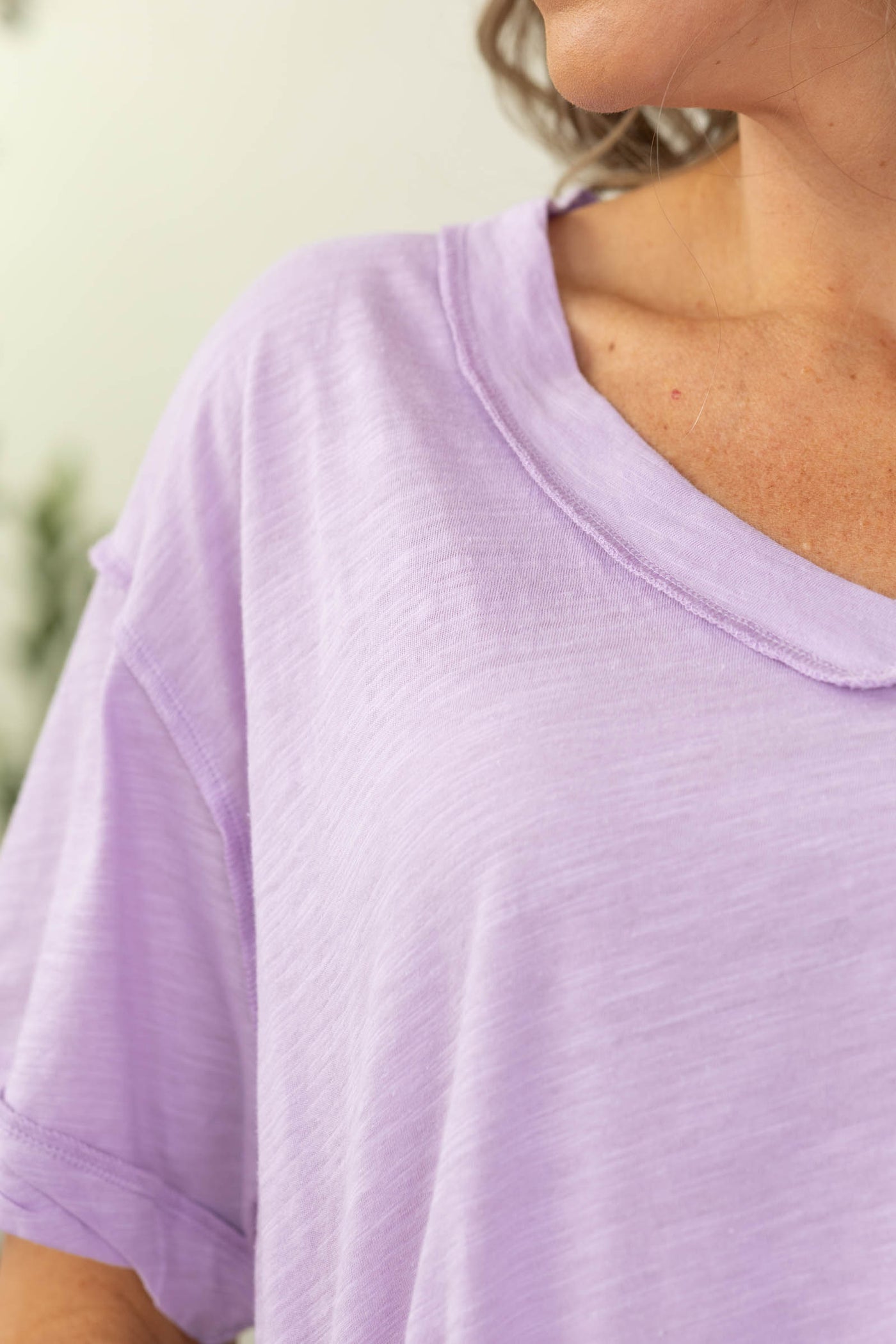 Solid V-Neck Exposed Seam Knit Top- 100% Cotton