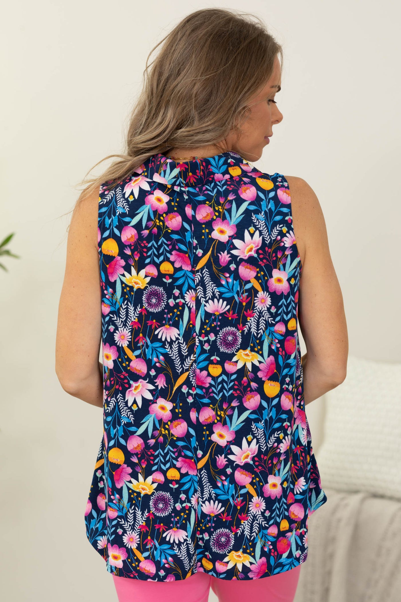 Navy Multi Wrinkle Free Sleeveless Top with Collar