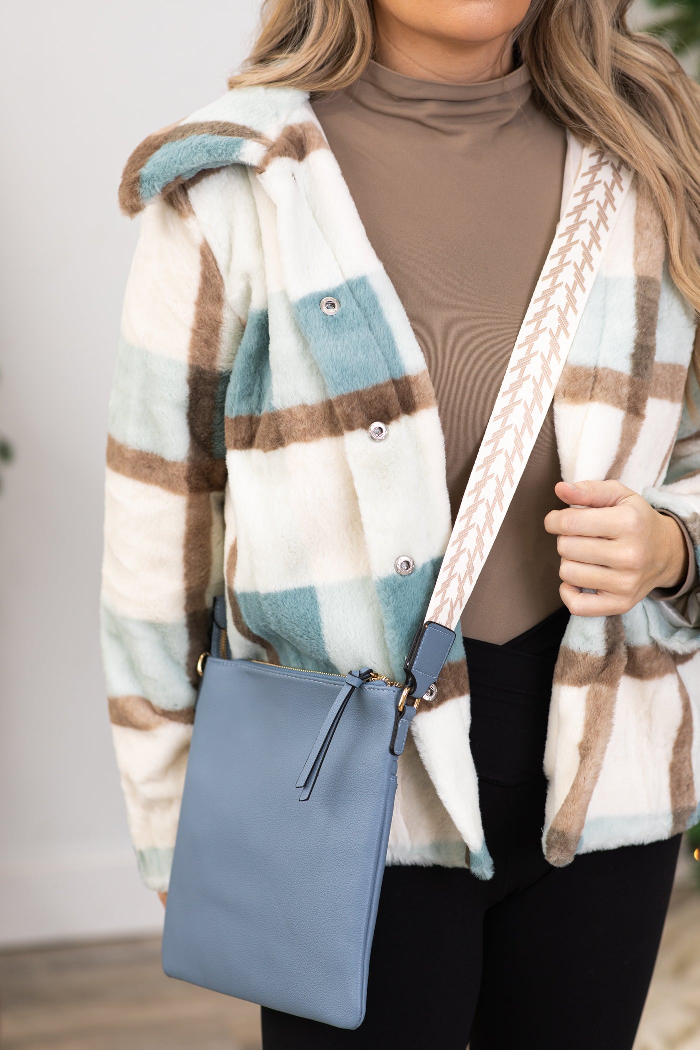 Dusty Blue Crossbody Bag With Printed Strap