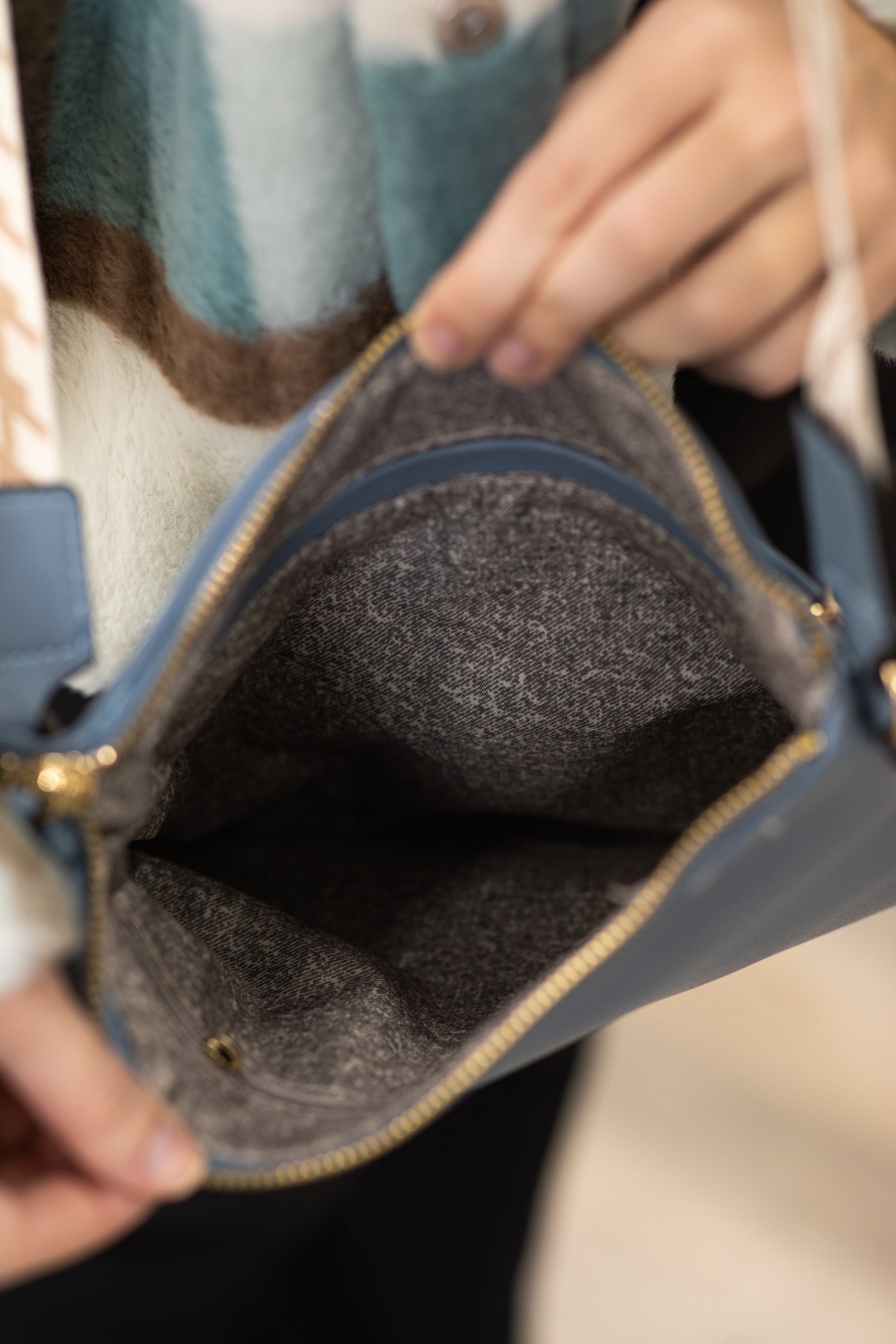 Dusty Blue Crossbody Bag With Printed Strap