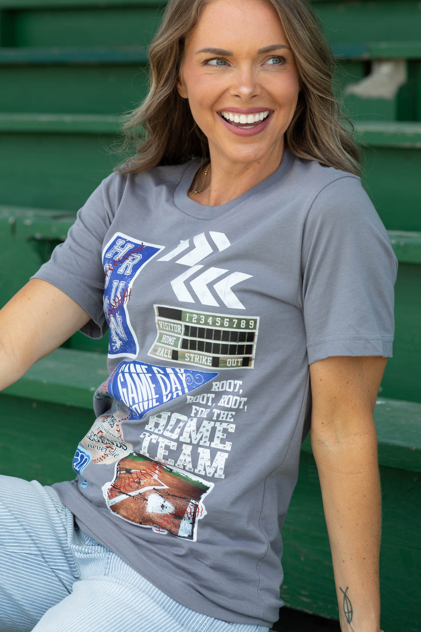 Gray Baseball Graphic Knit Top With Stones- 100% Cotton