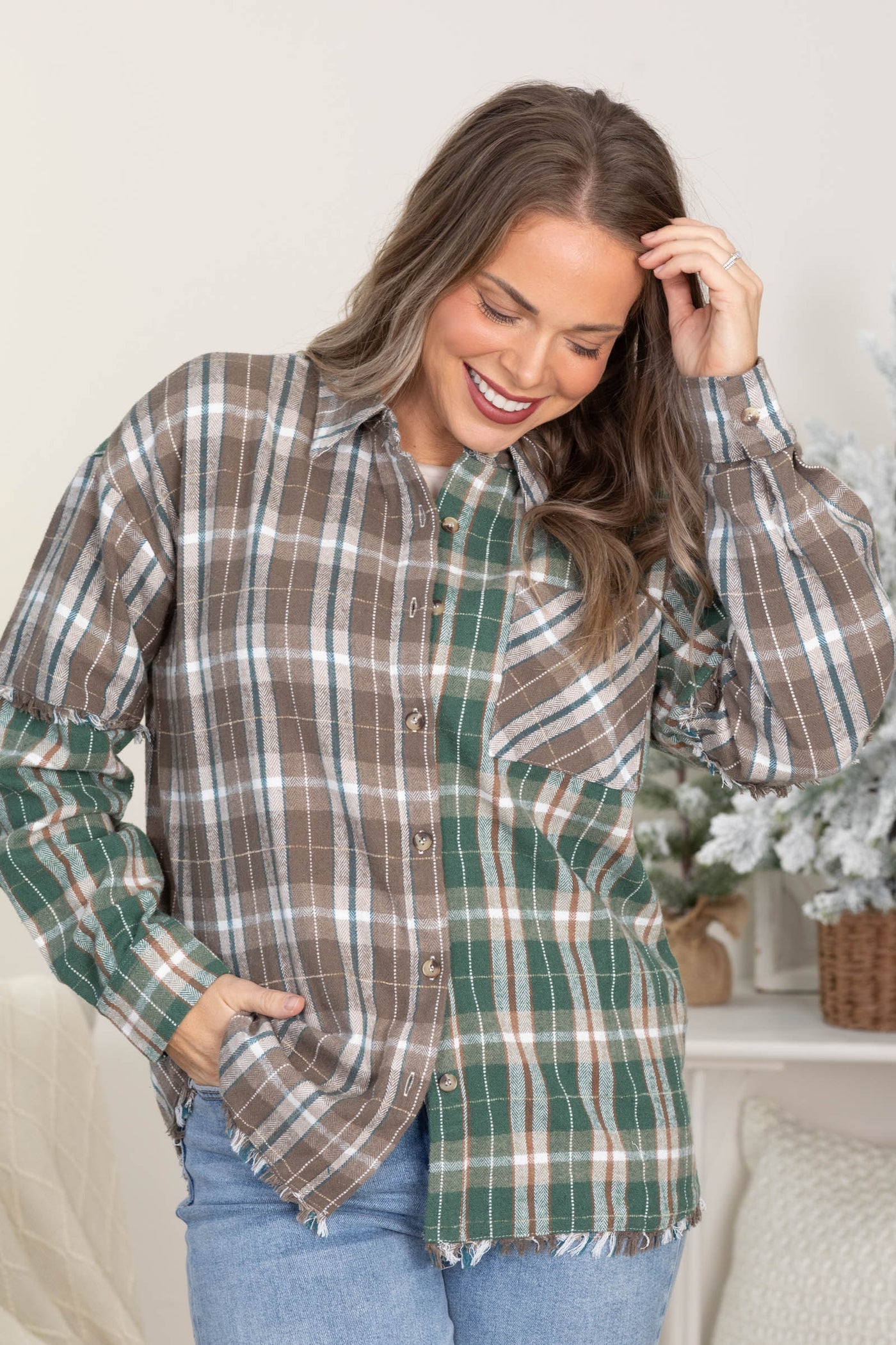 Taupe Mixed Plaid Frayed Hem Button Down Top