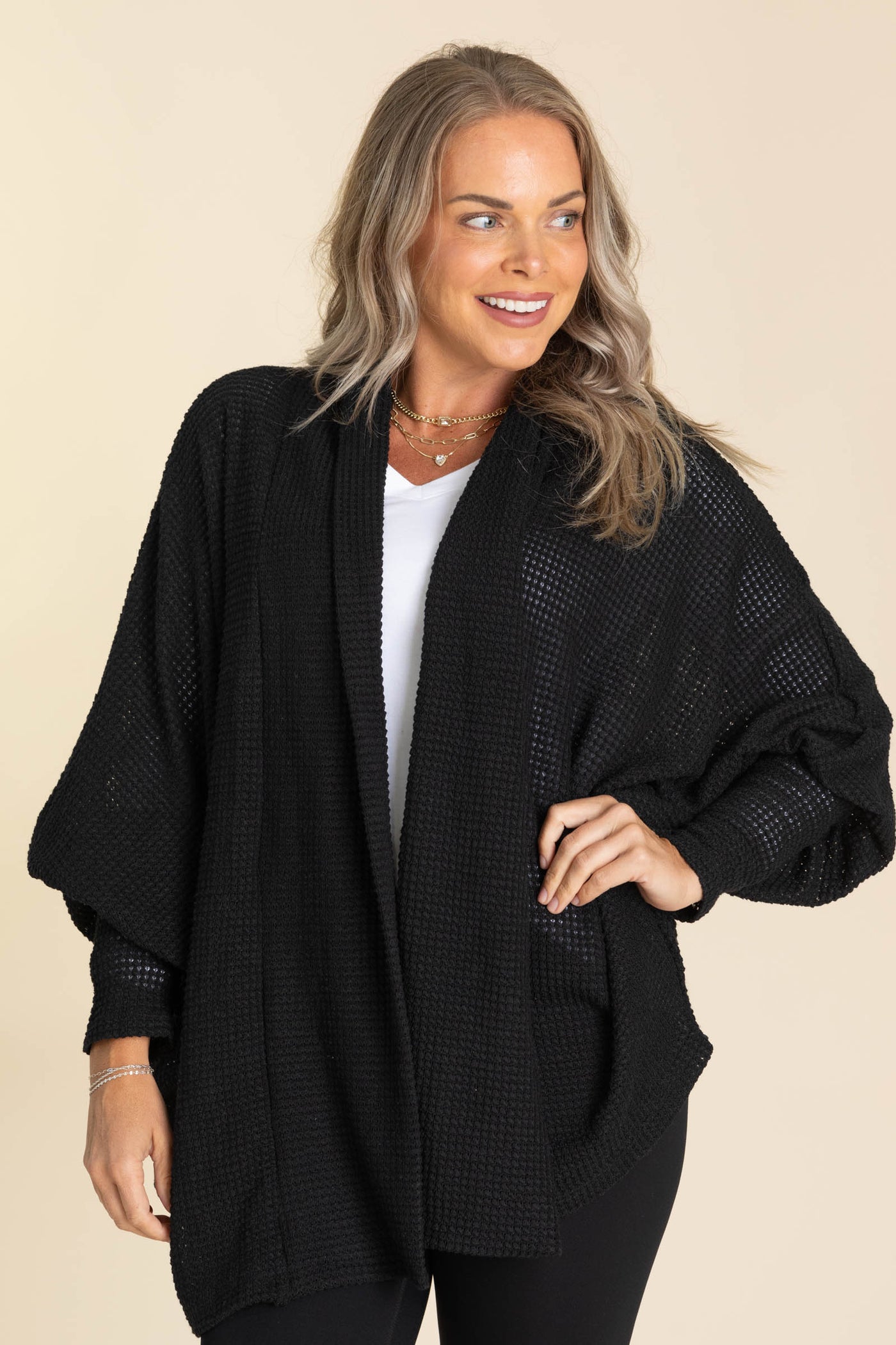 Black Oversized Waffle Open Knit Cardigan