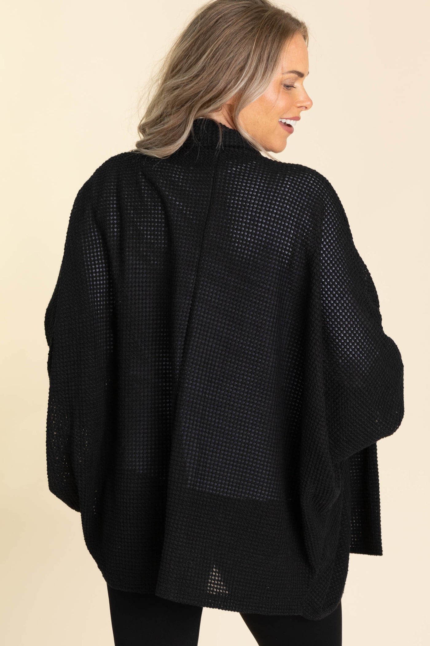 Black Oversized Waffle Open Knit Cardigan