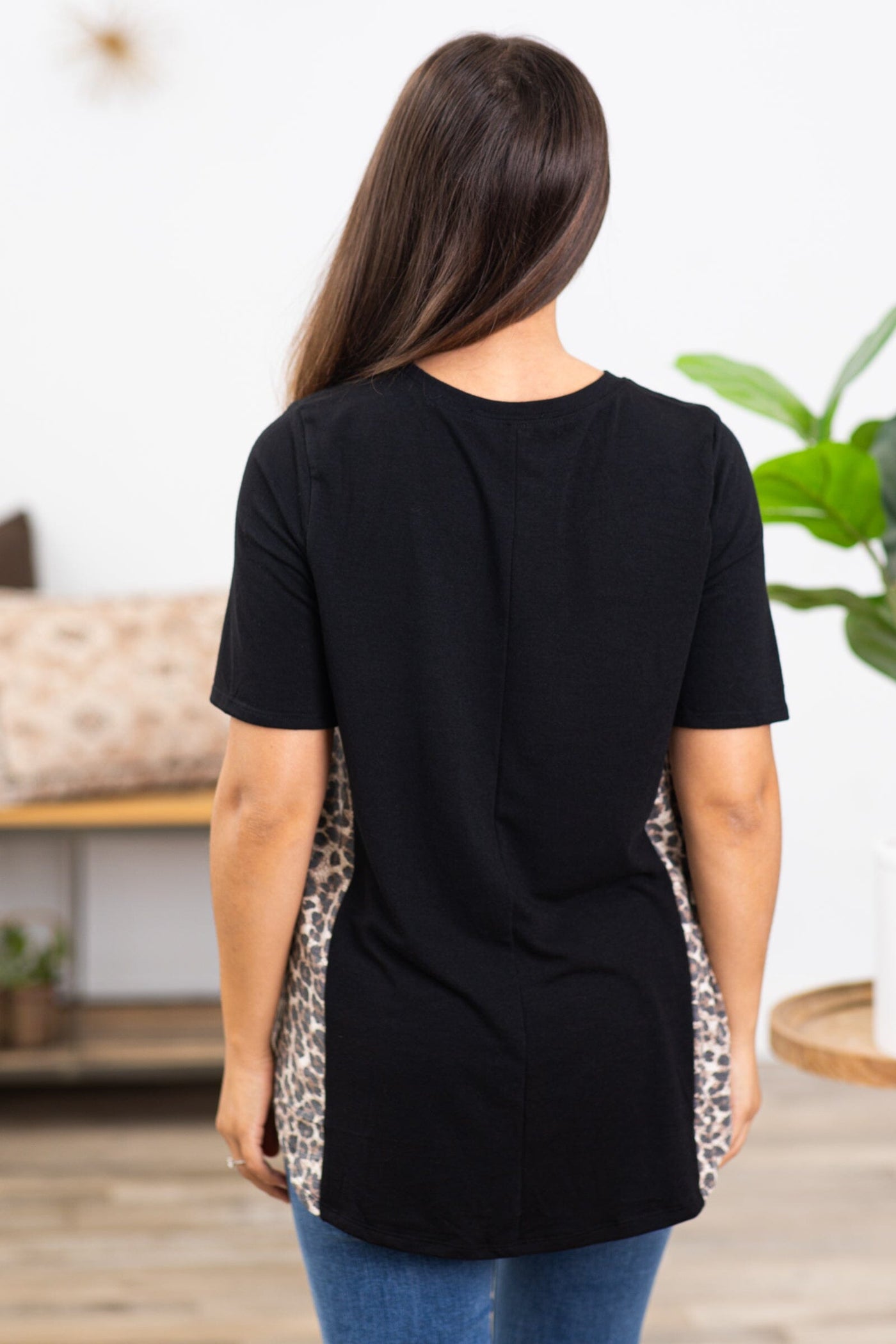 Black Animal Print Back Top With Pocket - Filly Flair