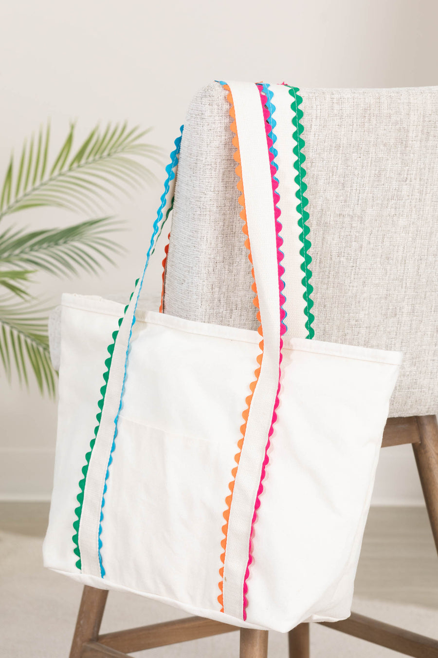 Ivory With Colorful Scallop Trim Canvas Tote Bag