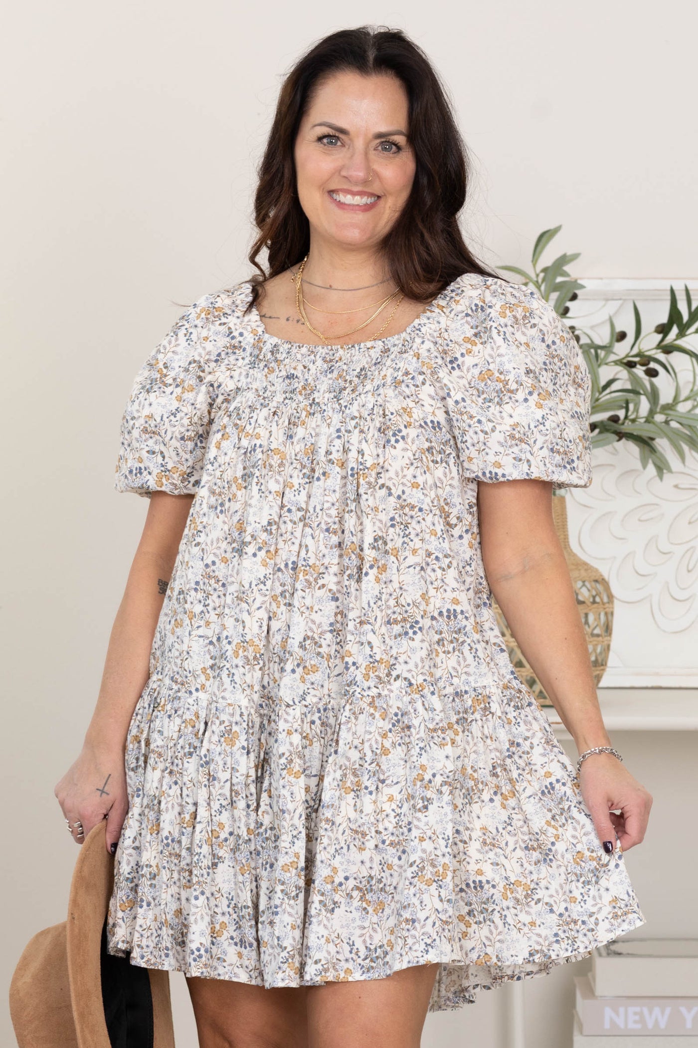 Slate Blue Puff Sleeve Floral Dress