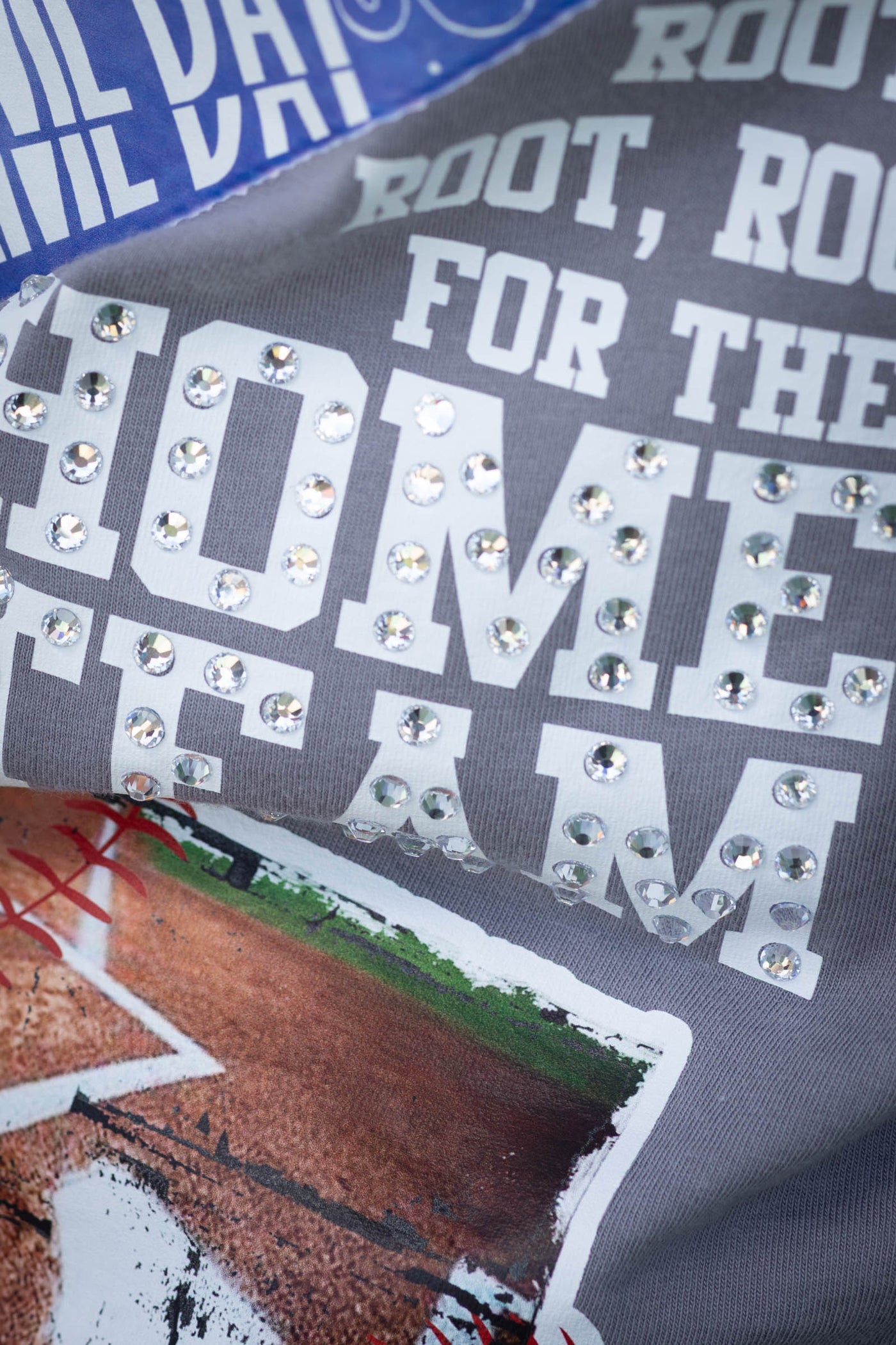 Gray Baseball Graphic Knit Top With Stones- 100% Cotton