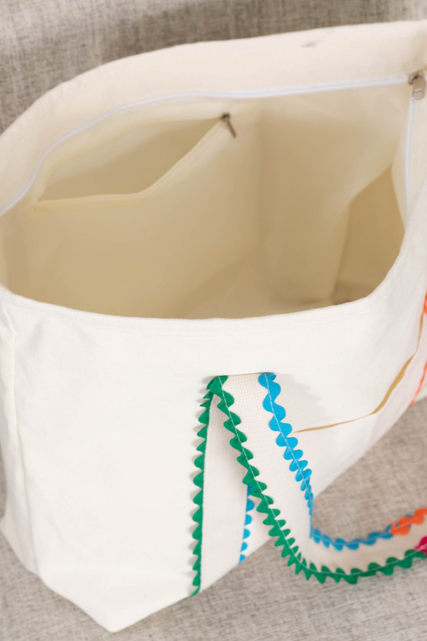 Ivory With Colorful Scallop Trim Canvas Tote Bag