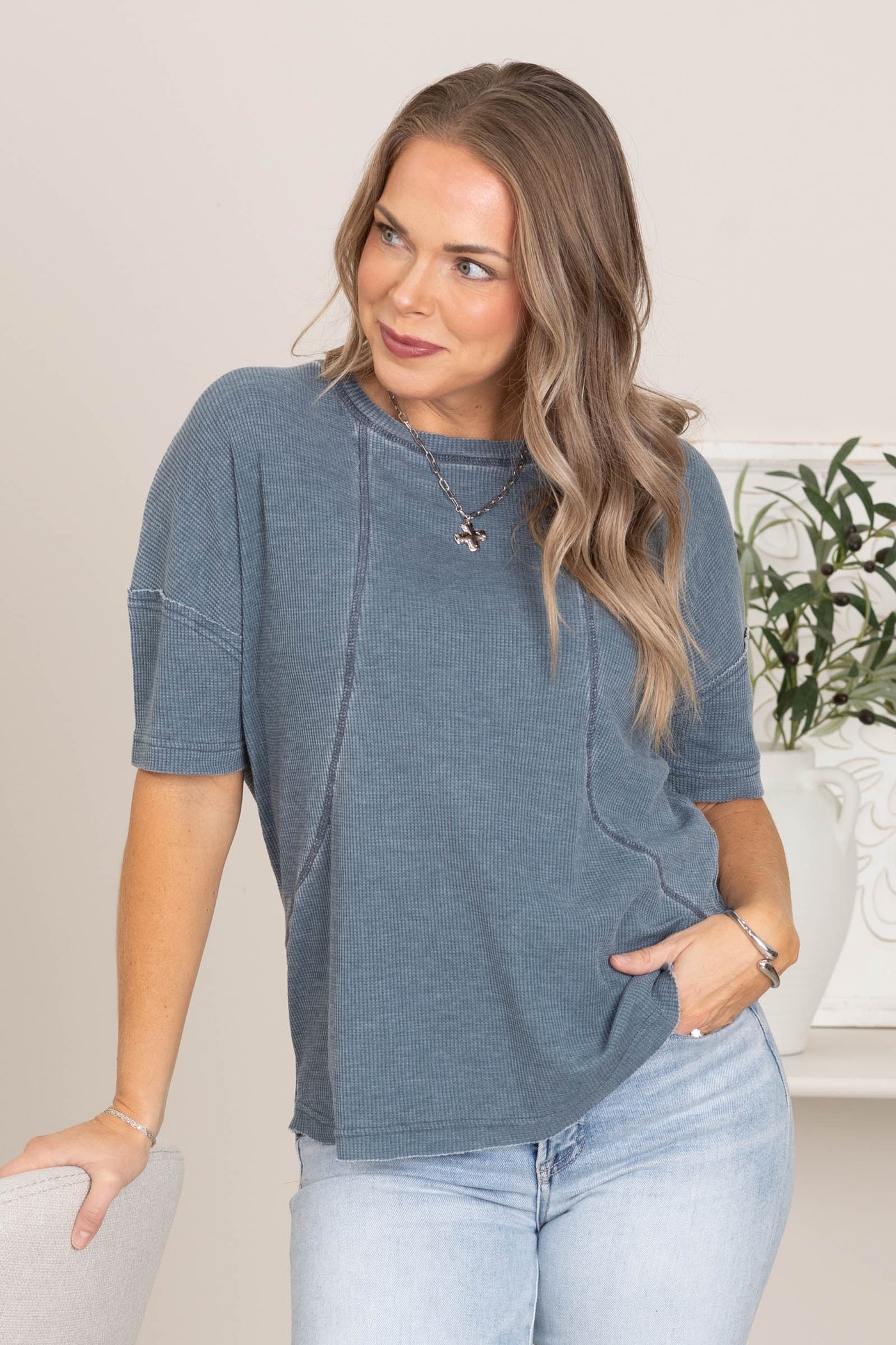 Short Sleeve Waffle Knit Seam Detail Top