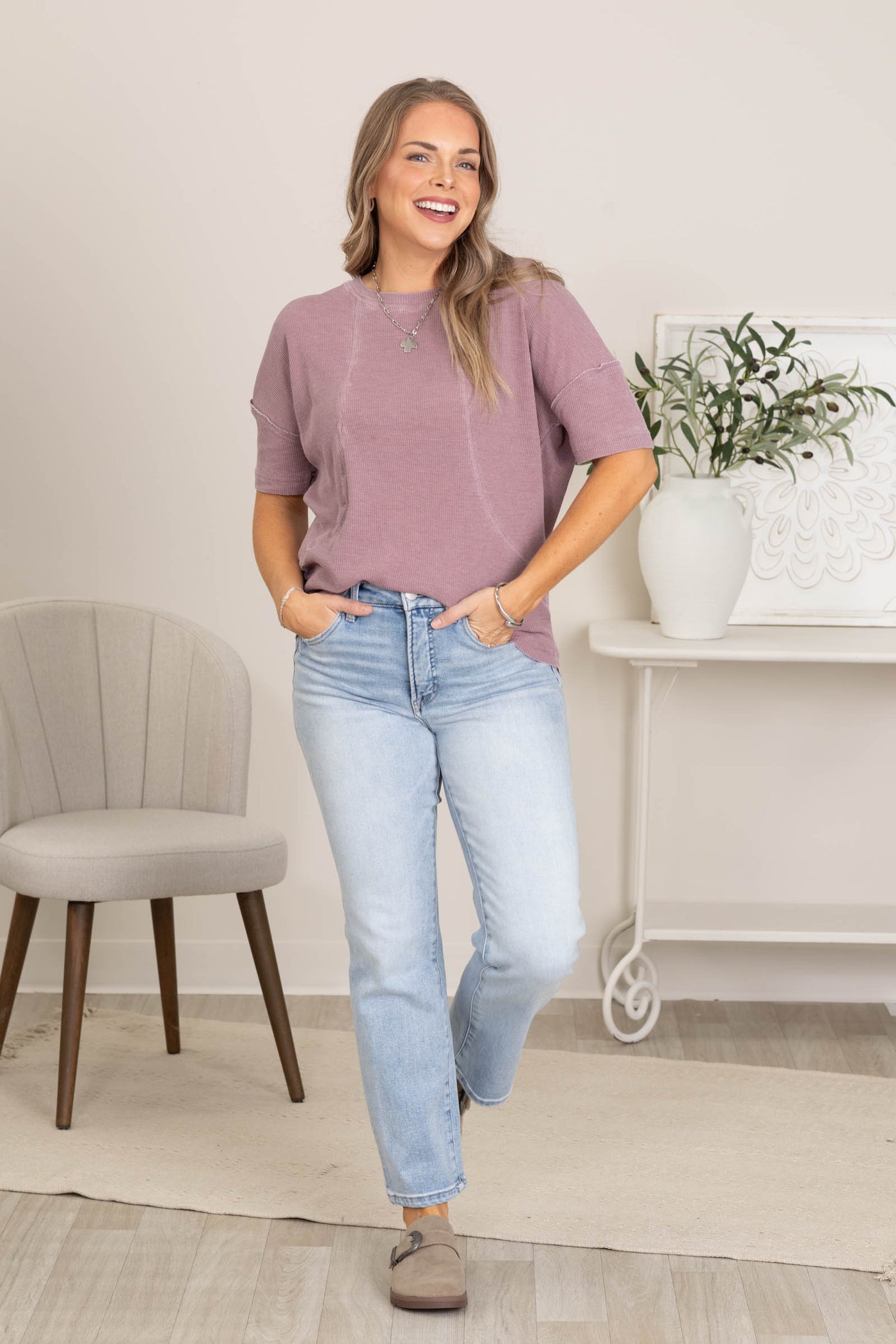 Short Sleeve Waffle Knit Seam Detail Top