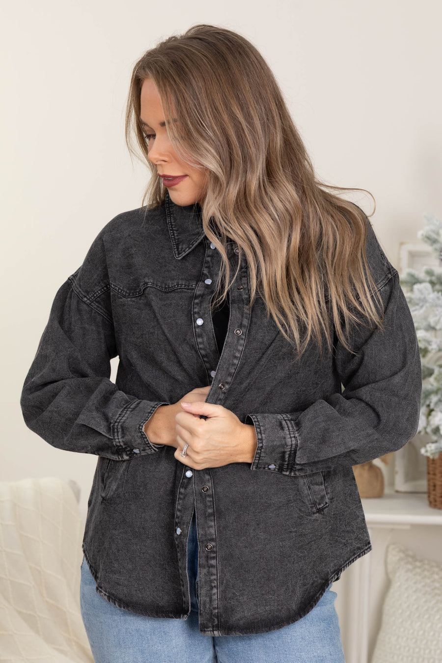 Charcoal Washed Denim Casual Button Up Top