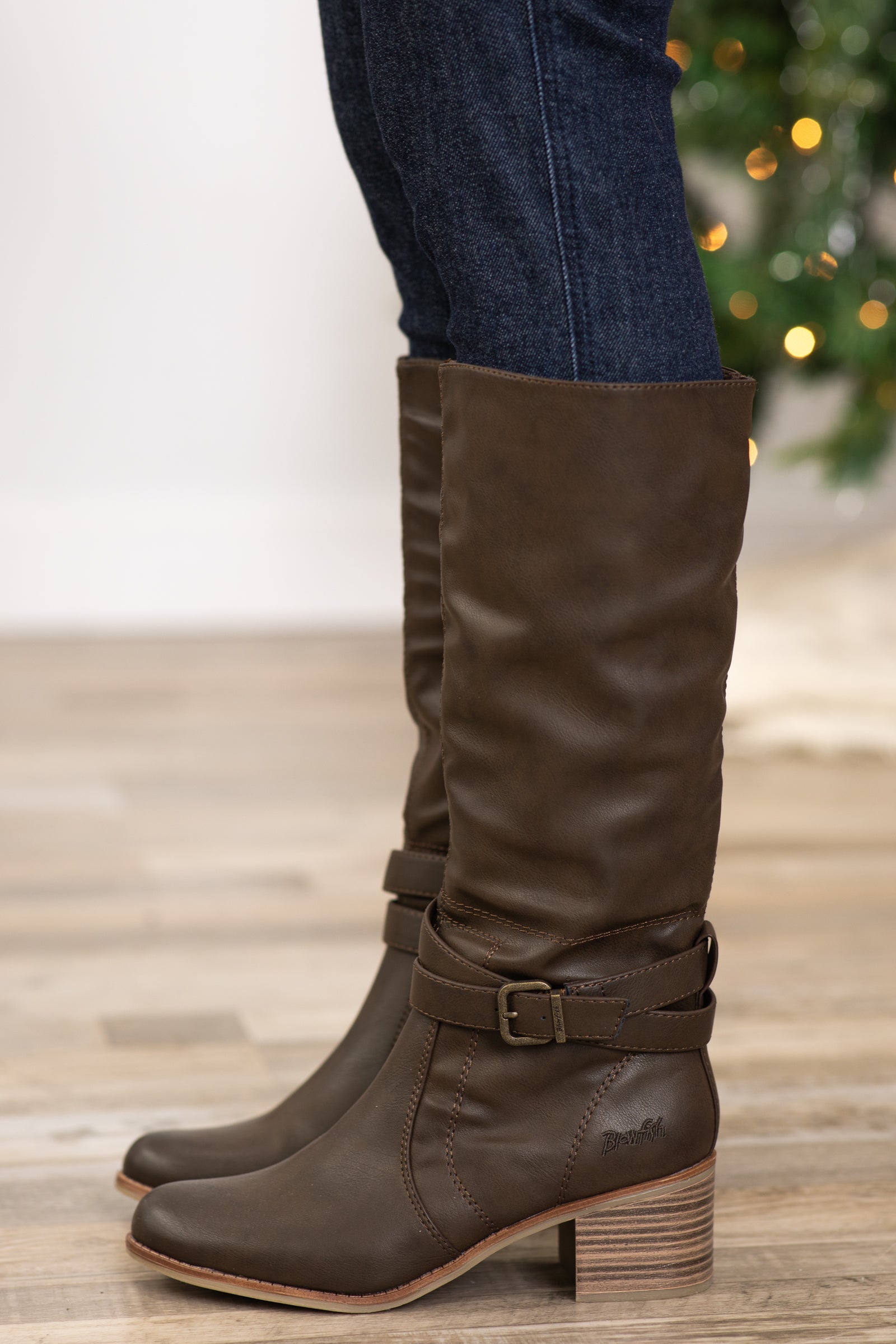 Brown Vegan Leather Block Heel Tall Boots