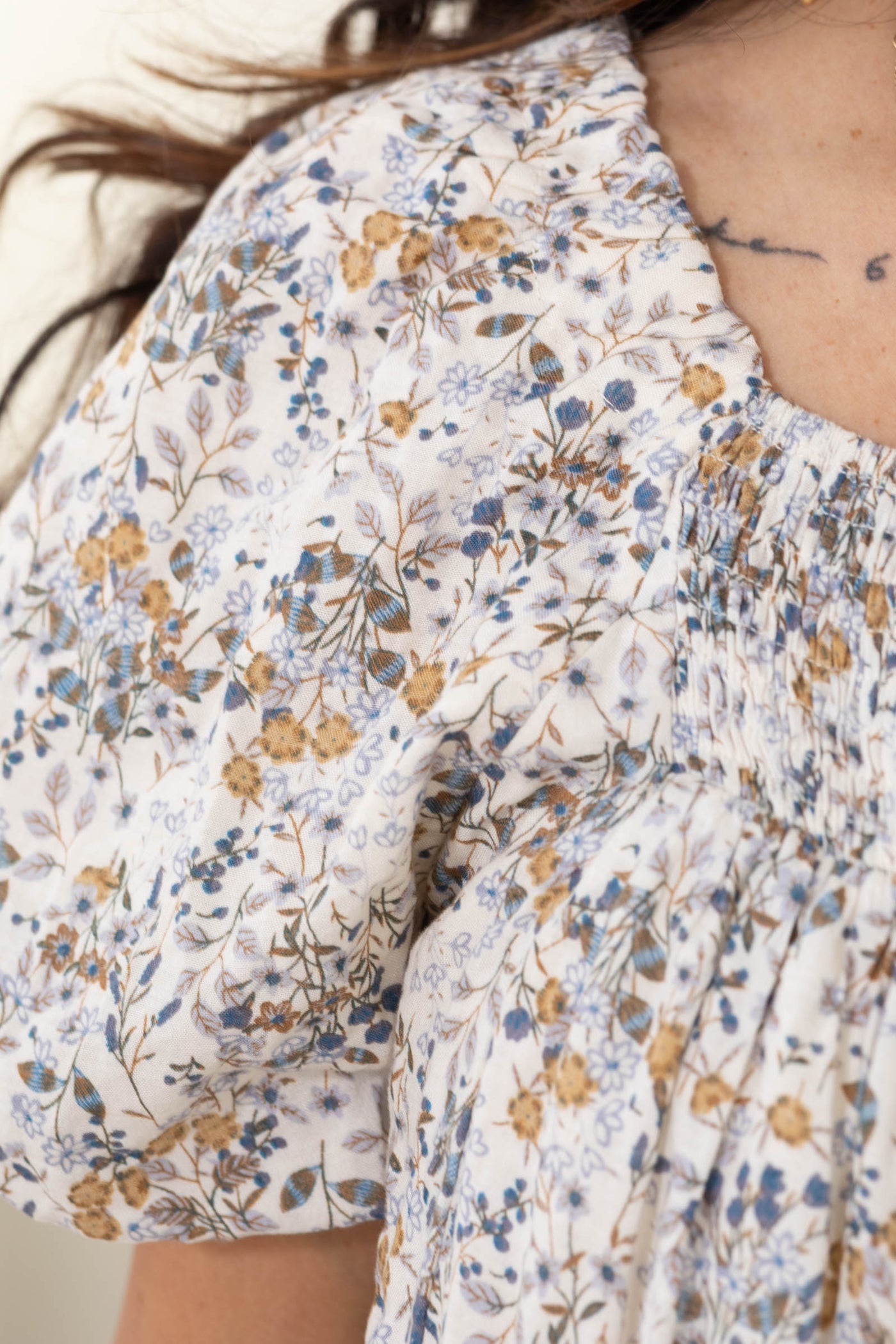 Slate Blue Puff Sleeve Floral Dress