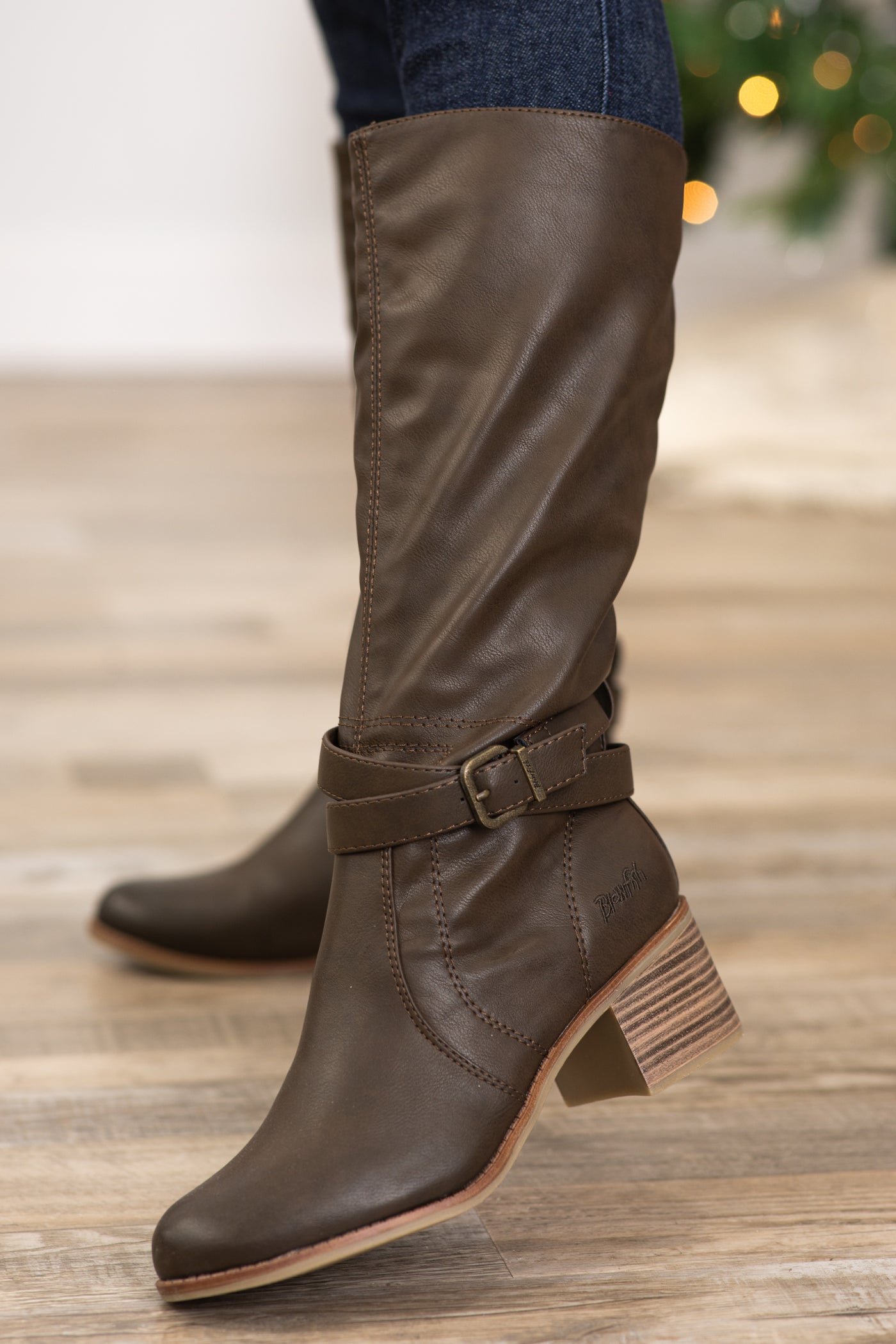 Brown Vegan Leather Block Heel Tall Boots