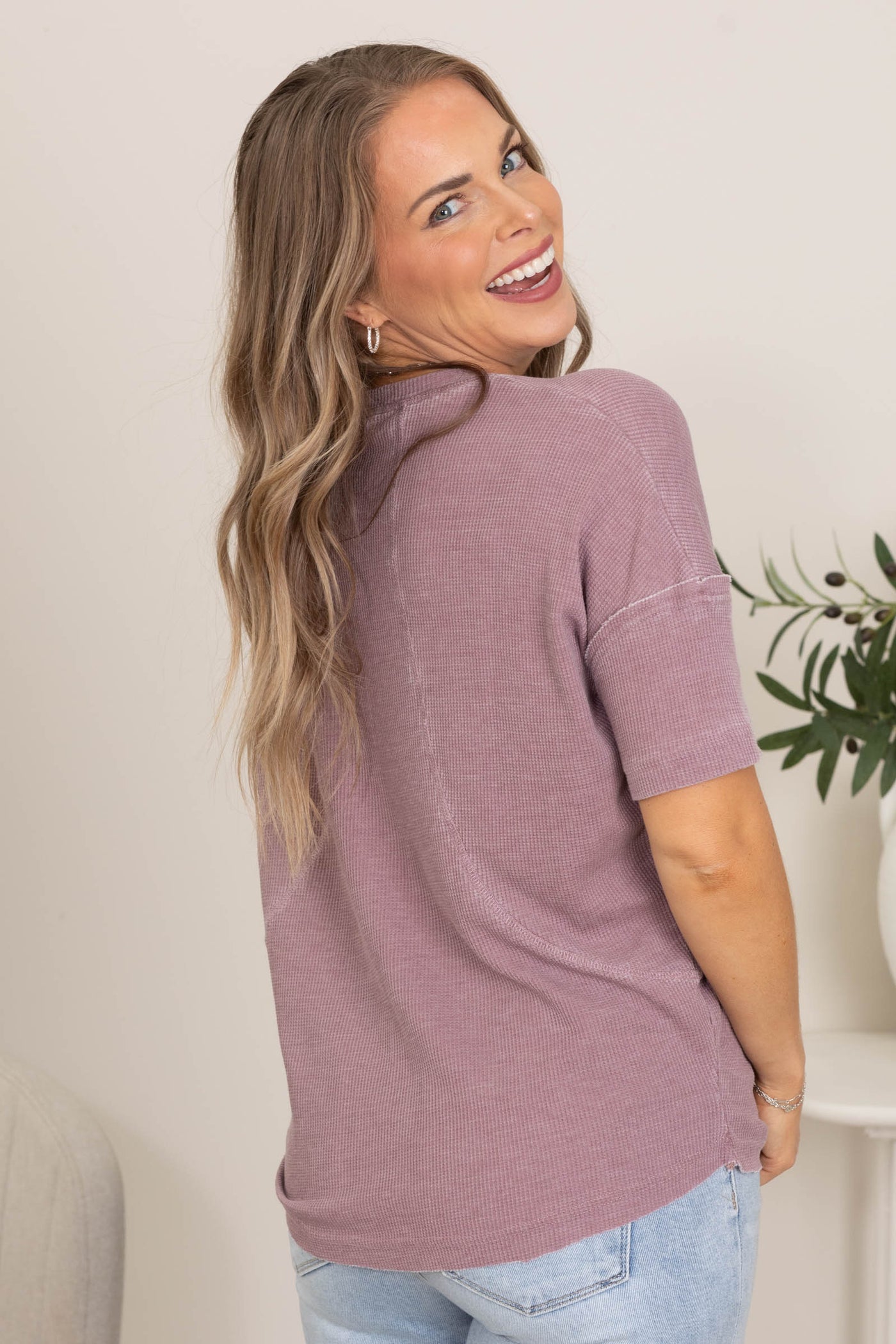 Short Sleeve Waffle Knit Seam Detail Top